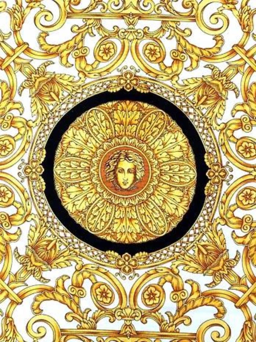 Women's or Men's 1990s Gianni Versace Medusa Baroque Yellow Print Silk Scarf For Sale