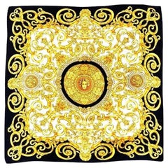 Retro 1990s Gianni Versace Medusa Yellow Print Silk Scarf 