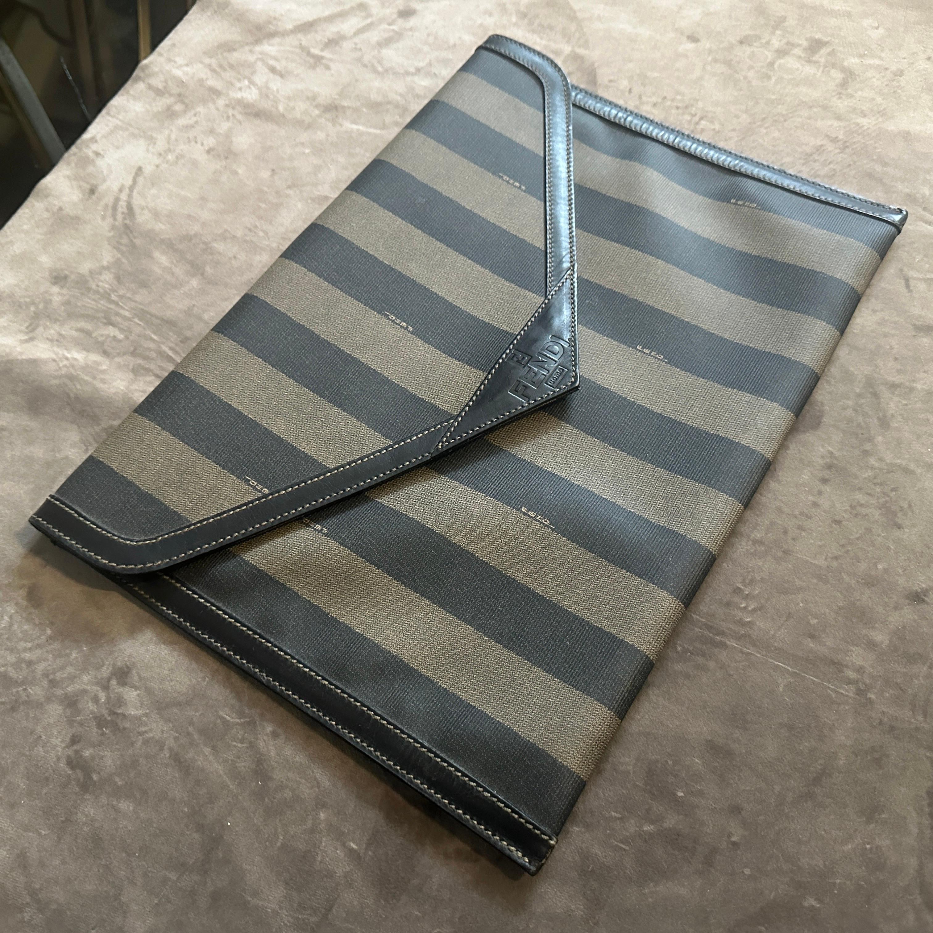 1990s Iconic Pequin Striped Canvas Clutch by Karl Lagerfeld for Sorelle Fendi For Sale 5