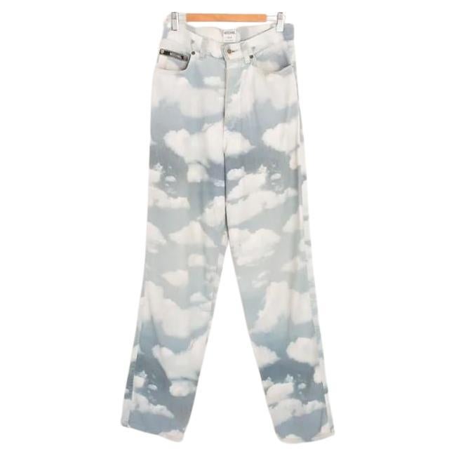1990's Iconic Vintage Moschino 'Cloud' Print Grey Patterned Jeans Trousers For Sale