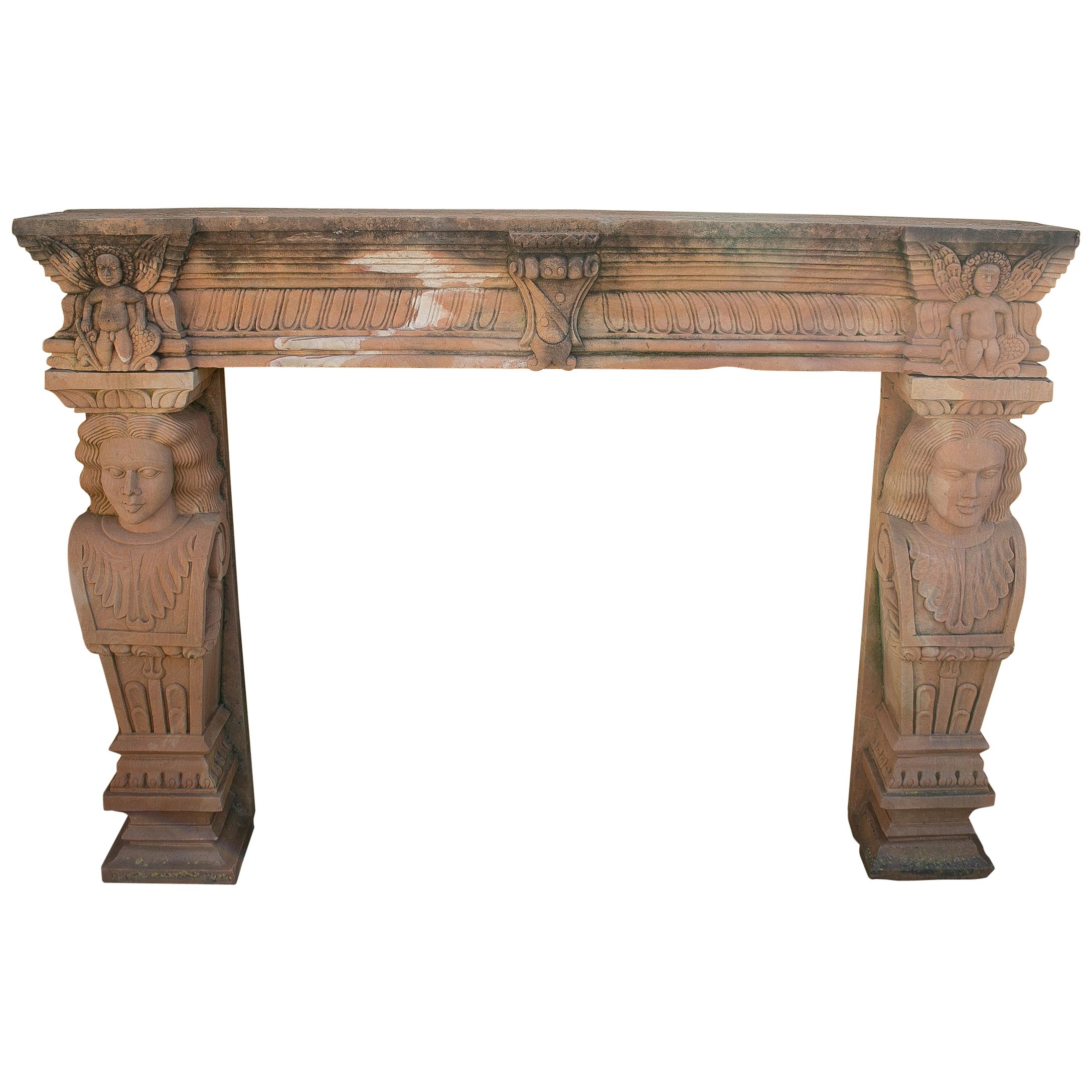 1990s Indian Hand Carved Sandstone Fireplace Mantle with Caryatid Pilasters