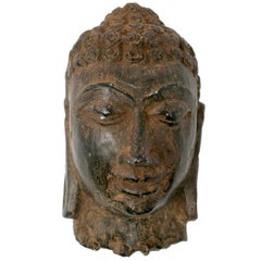 1990s Indian Hand Carved Stone Buddha Head