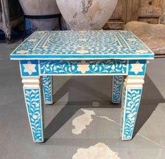1990s Indian Table with Bone Inlay & Floral Turquoise Background