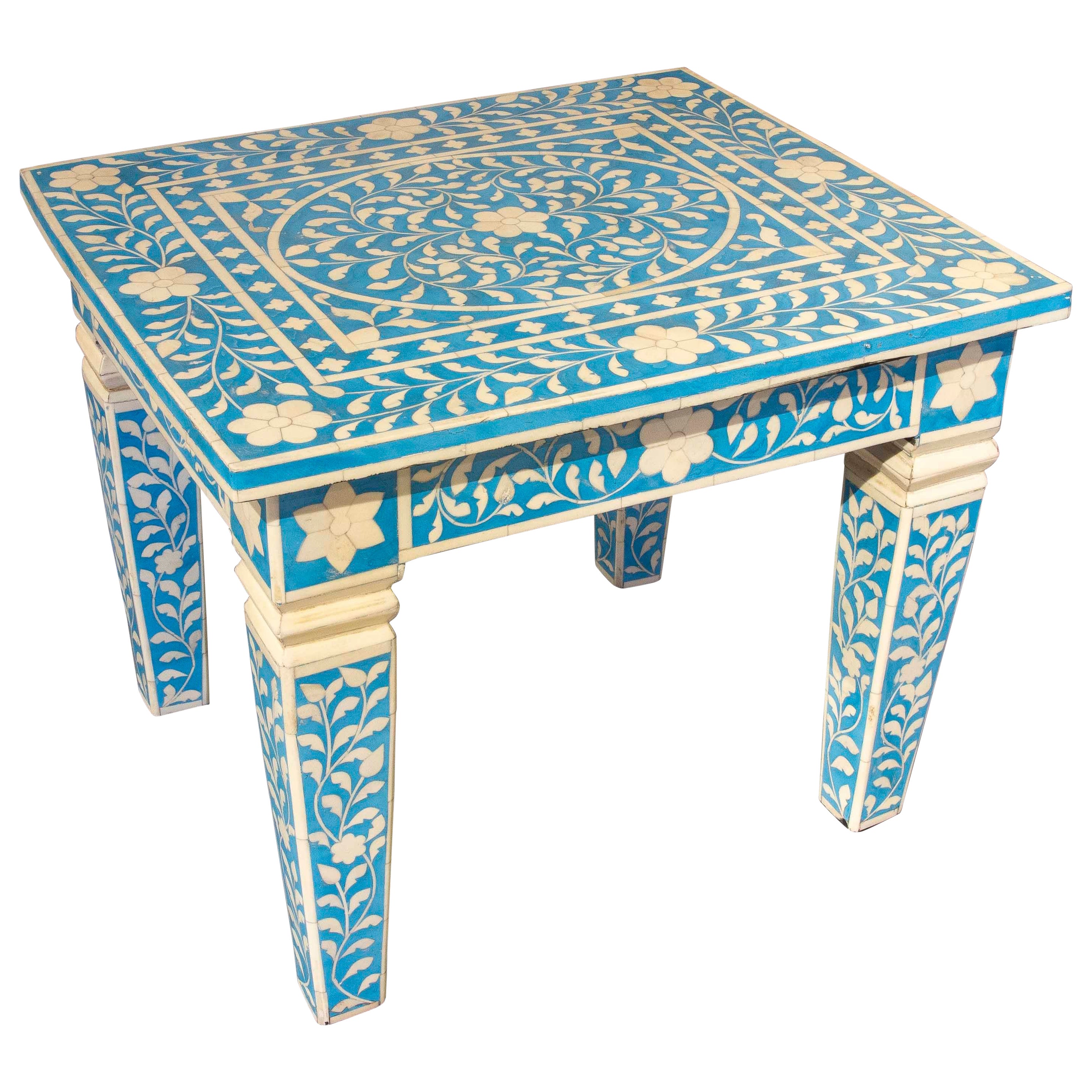 1990s Indian Table with Bone Inlay & Floral Turquoise Background