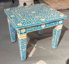 1990s Indian Table with Bone Inlay & Floral Turquoise Background