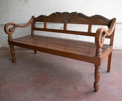 1990s Indonesian Hand Carved Garden Wooden Seating Bench