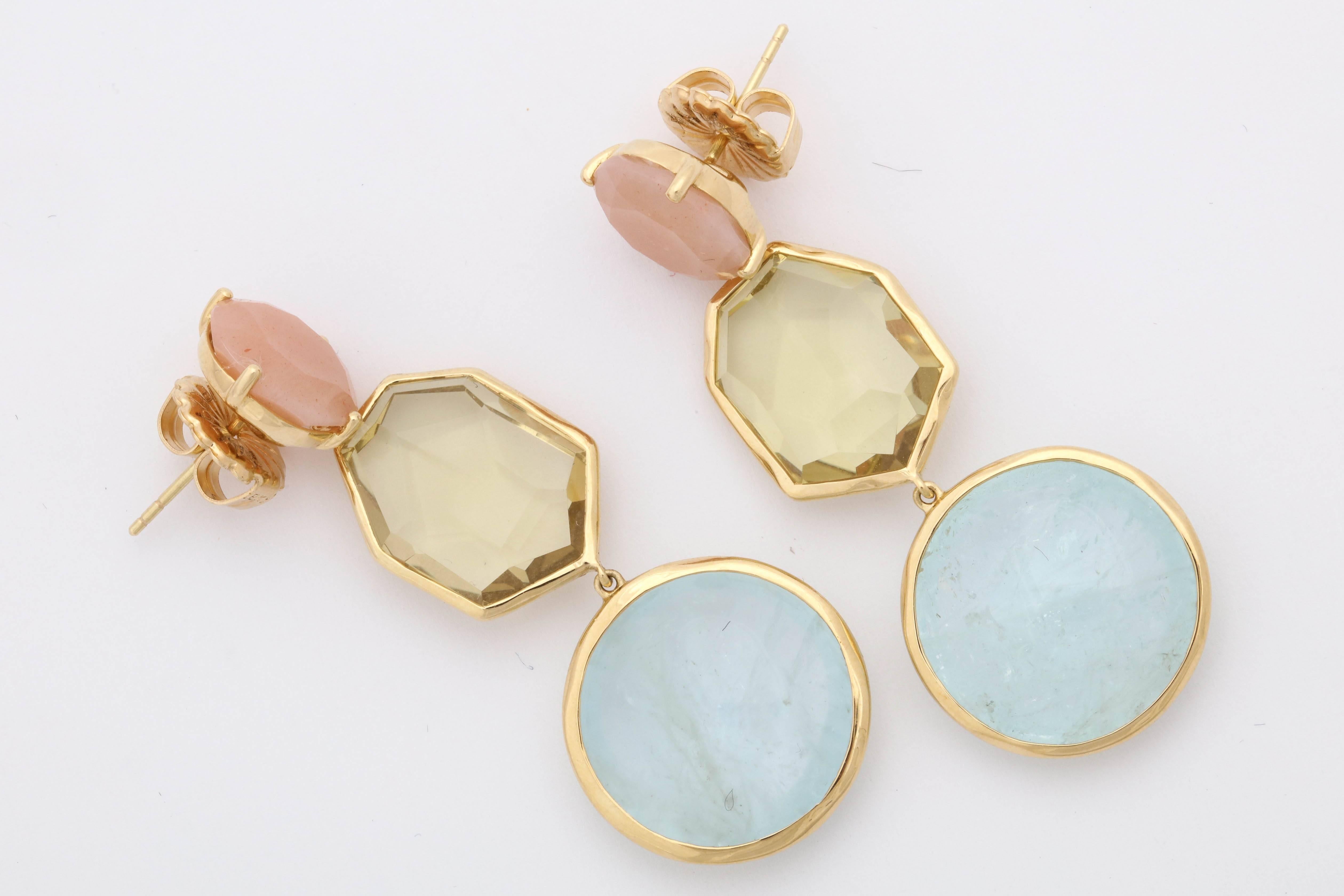 Women's 1990s Ippolita Pastel Rose Quartz, Citrine and Aquamarine Flexible Gold Earrings