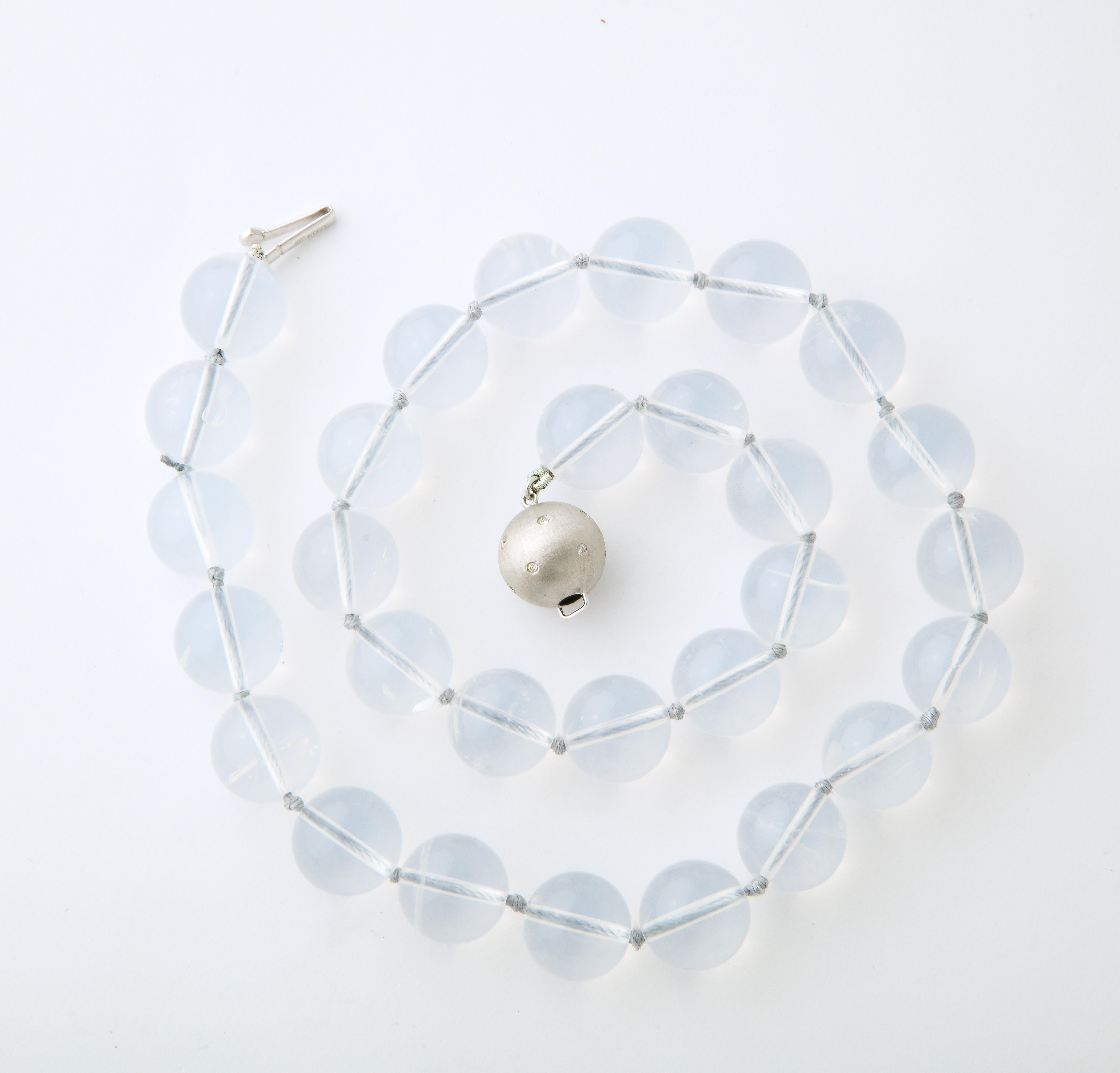 One Ladies Cool Iridescent Chalcedony Bead Necklace With An 18kt White Gold And Diamond Ball Clasp. Signed CH Makers Mark And Stamped 750 For 18kt Gold Mark.