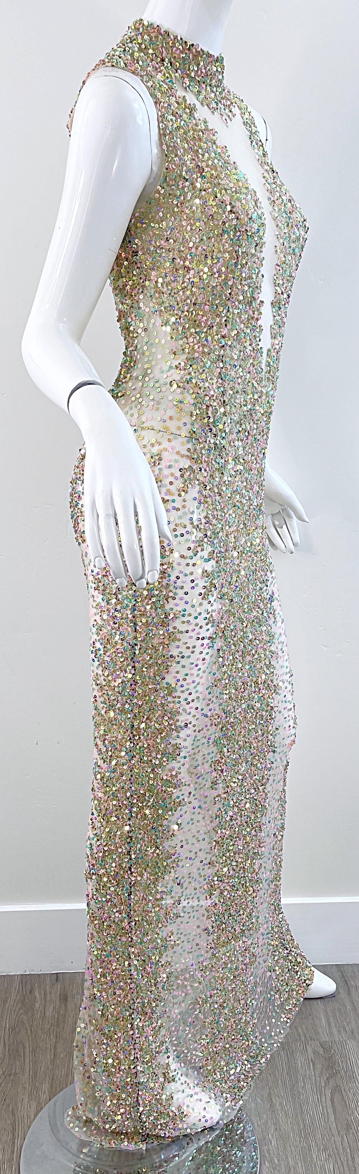 1990s Iridescent Sequined Sheer Sexy Mesh Vintage 90s Seductive Gown For Sale 5