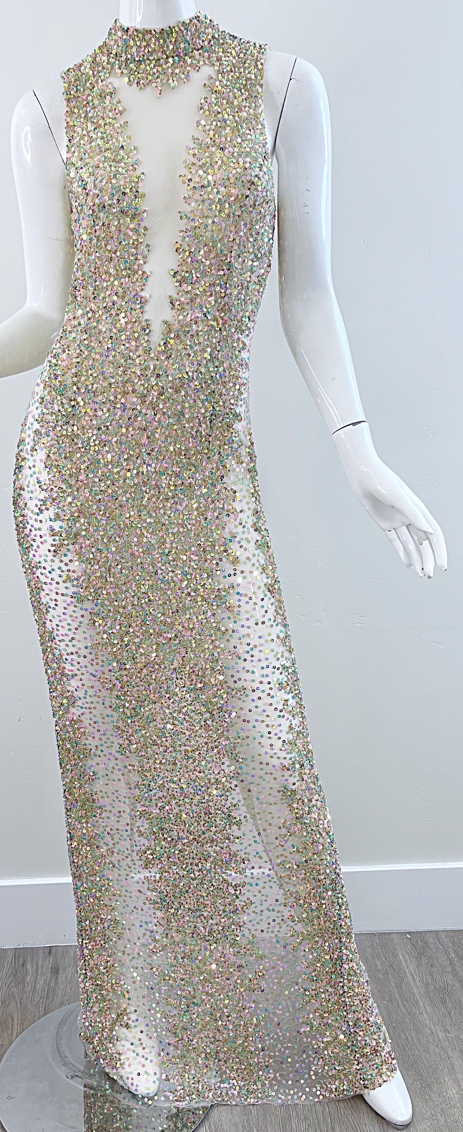 1990s Iridescent Sequined Sheer Sexy Mesh Vintage 90s Seductive Gown For Sale 7