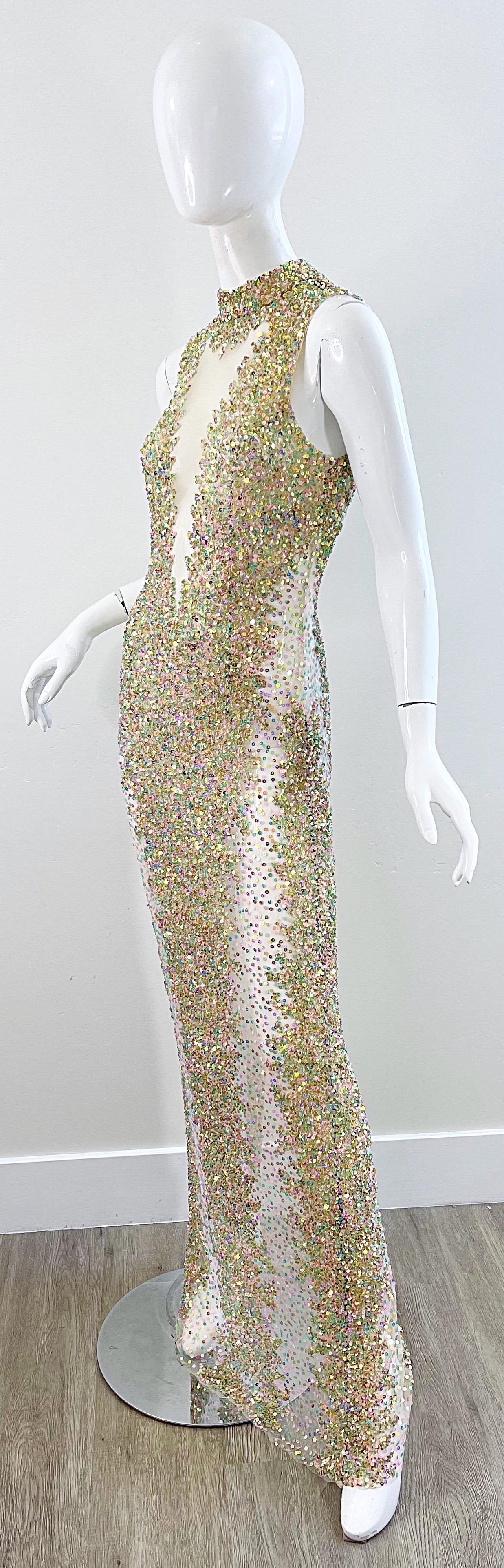 1990s Iridescent Sequined Sheer Sexy Mesh Vintage 90s Seductive Gown For Sale 9