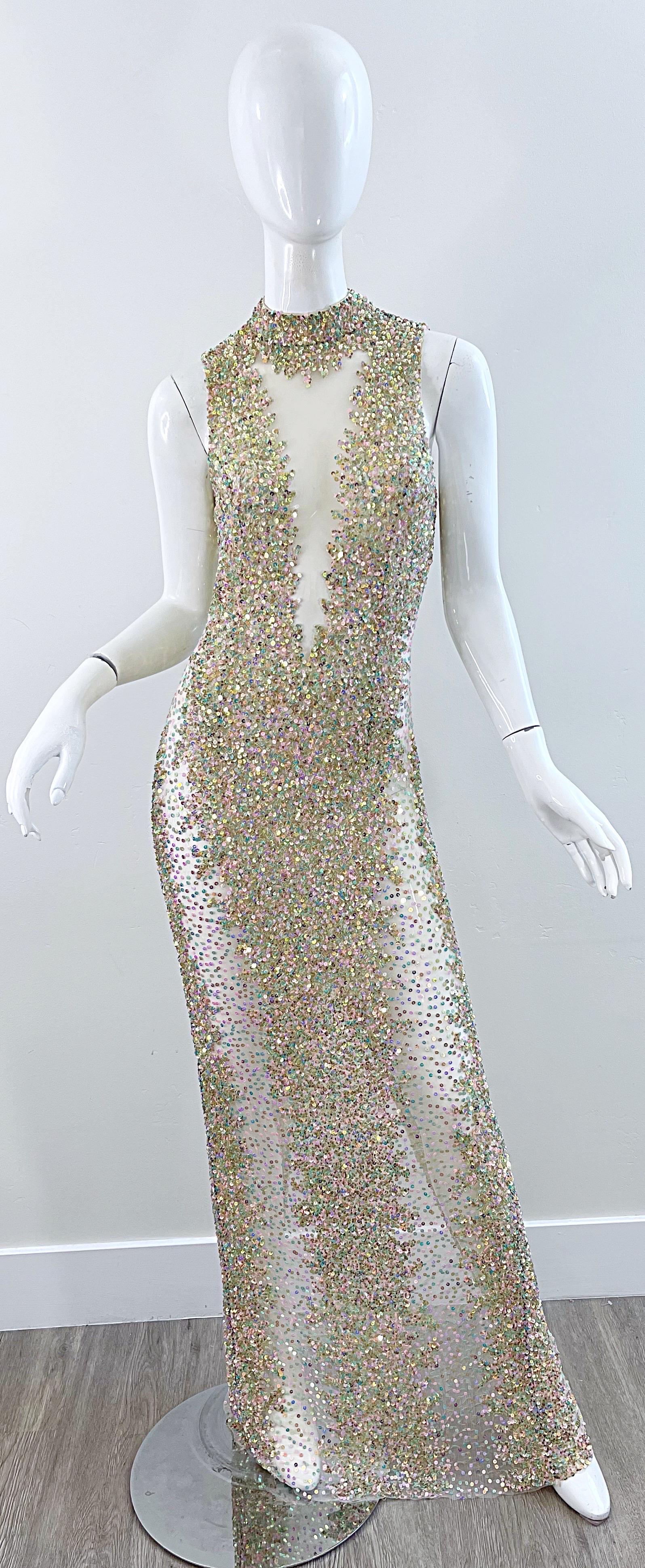 1990s Iridescent Sequined Sheer Sexy Mesh Vintage 90s Seductive Gown For Sale 11