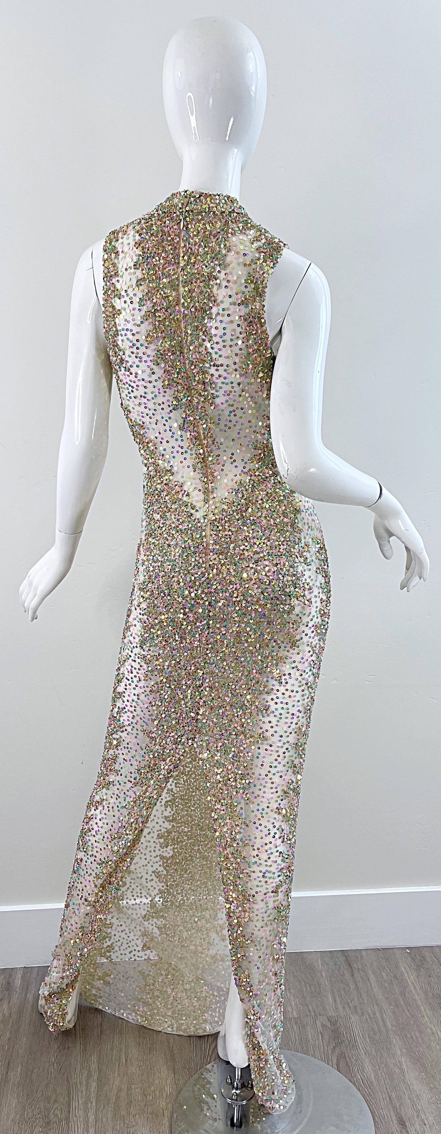 1990s Iridescent Sequined Sheer Sexy Mesh Vintage 90s Seductive Gown In Excellent Condition For Sale In San Diego, CA