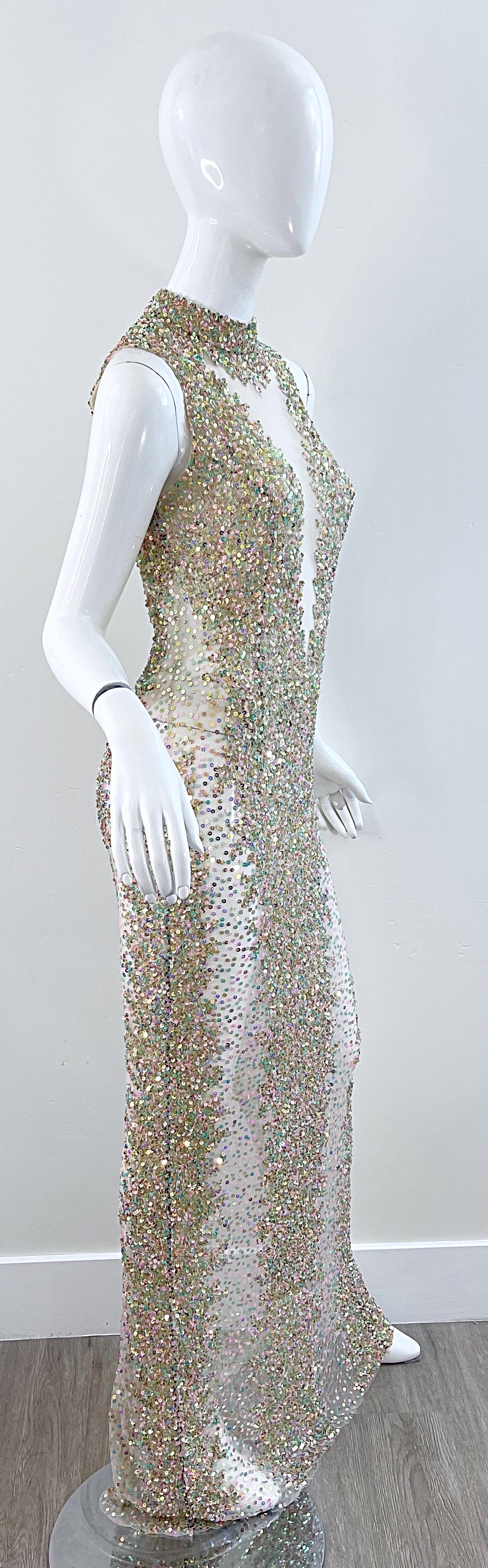 1990s Iridescent Sequined Sheer Sexy Mesh Vintage 90s Seductive Gown For Sale 2