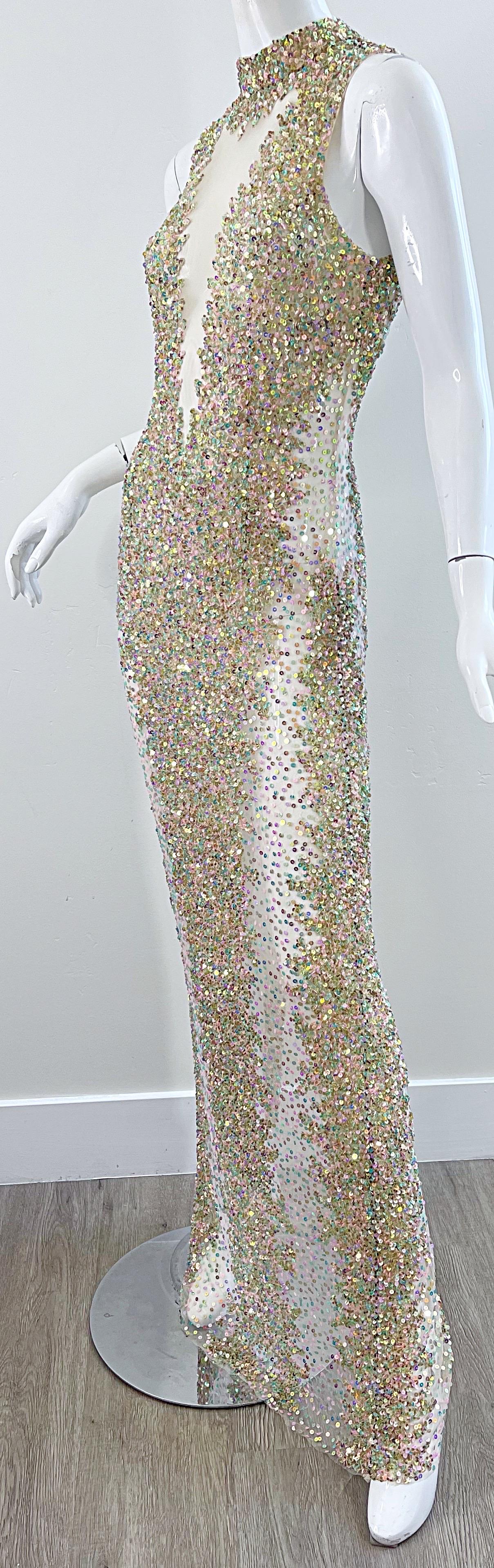 1990s Iridescent Sequined Sheer Sexy Mesh Vintage 90s Seductive Gown For Sale 3