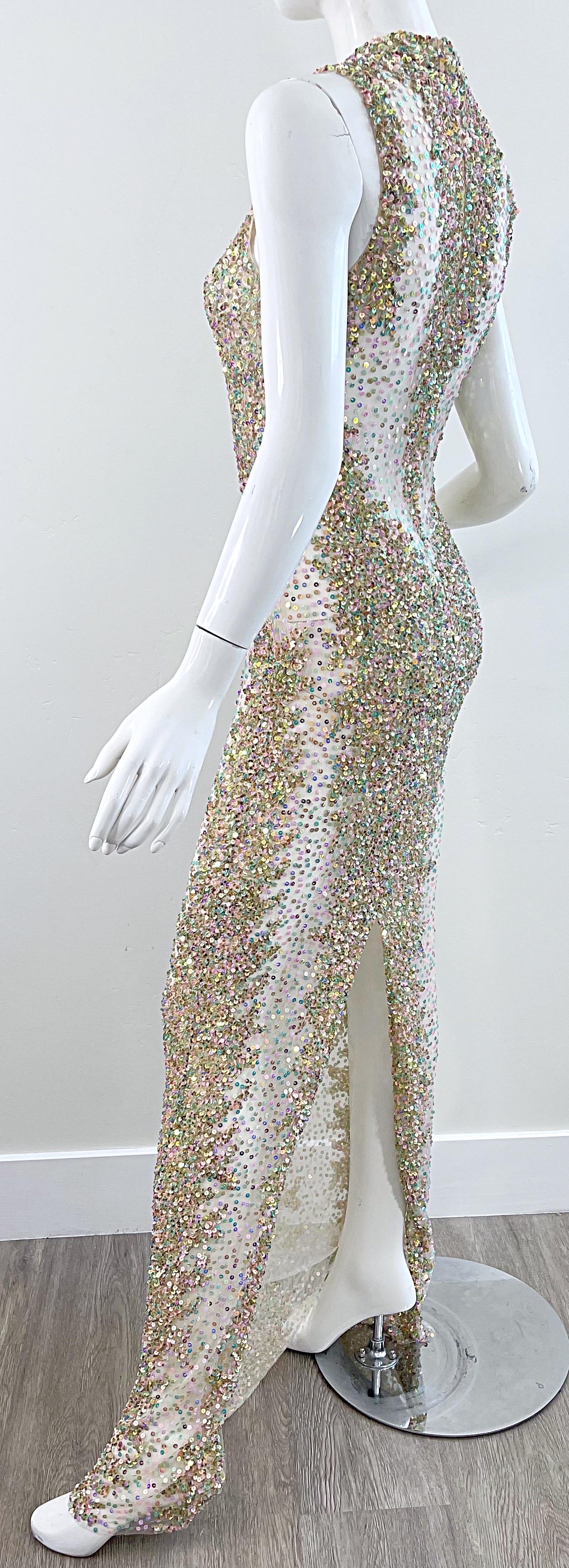 1990s Iridescent Sequined Sheer Sexy Mesh Vintage 90s Seductive Gown For Sale 5
