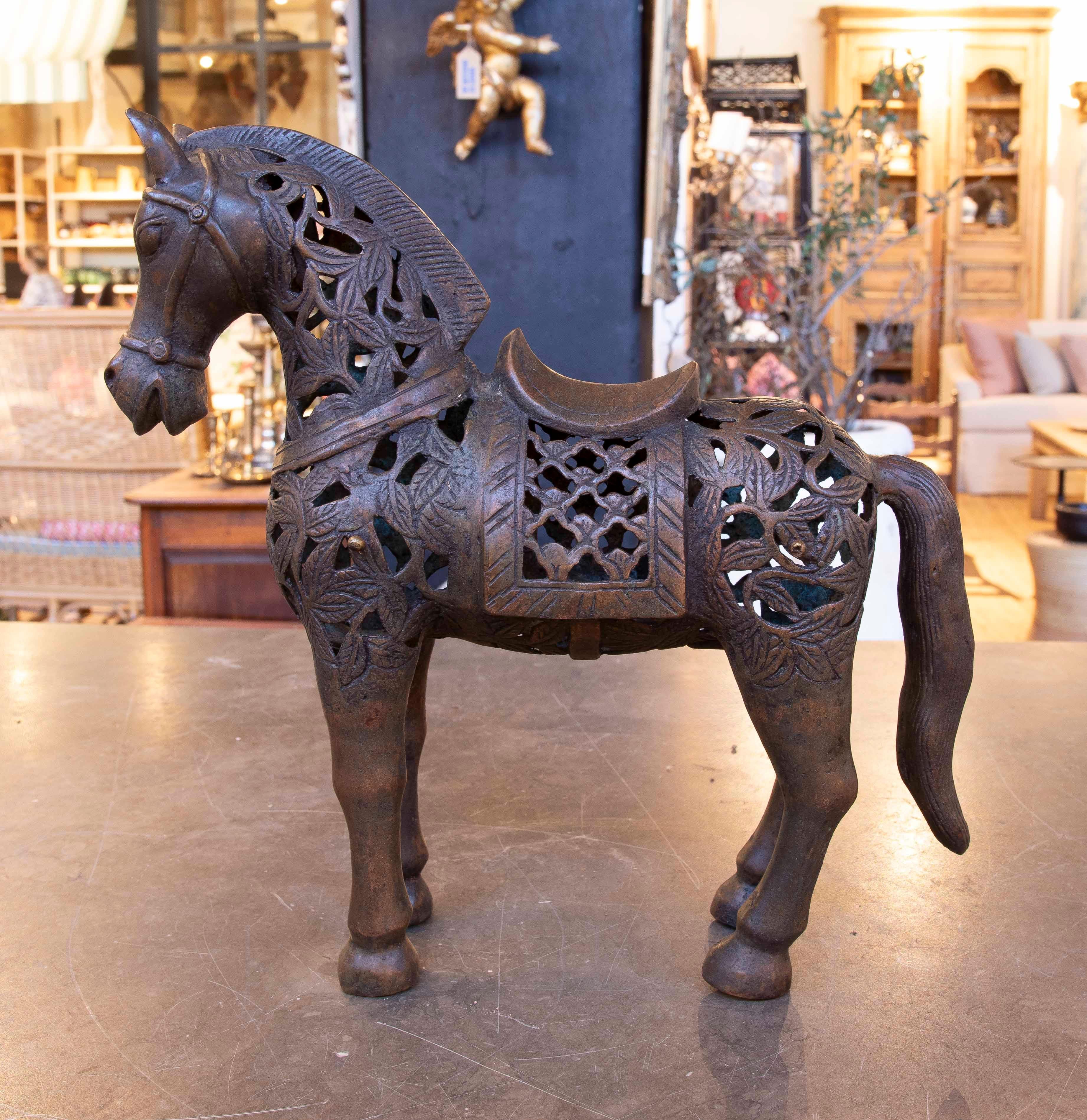 European 1990s Iron Horse Sculpture with Ornamental Filigree Design For Sale
