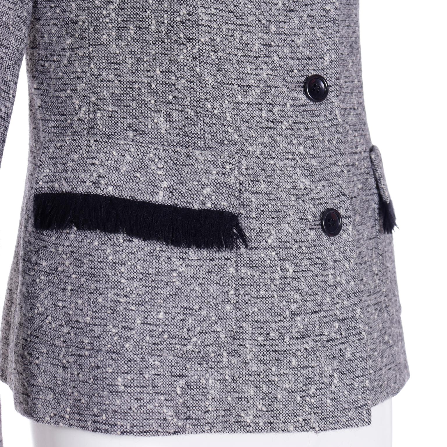 Gray 1990s Isaac Mizrahi Black White Tweed Cropped Jacket w Black Fringe Pockets For Sale