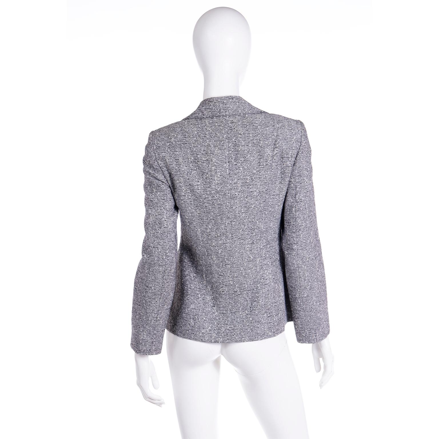 1990s Isaac Mizrahi Black White Tweed Cropped Jacket w Black Fringe Pockets For Sale 1
