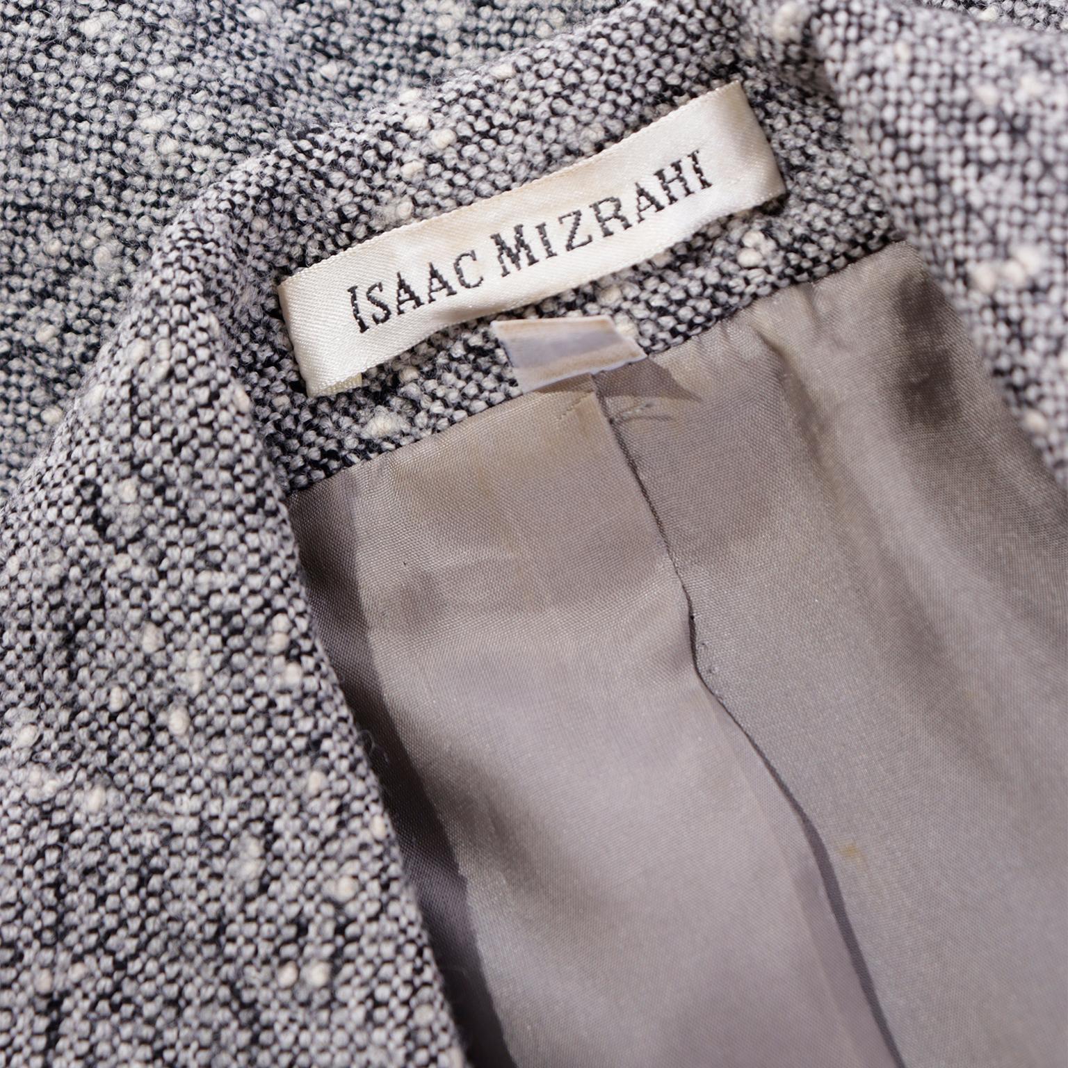 1990s Isaac Mizrahi Black White Tweed Cropped Jacket w Black Fringe Pockets For Sale 3