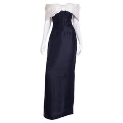 1990s Isaac Mizrahi Isaac Black & White Silk Bow Off Shoulder Evening Dress
