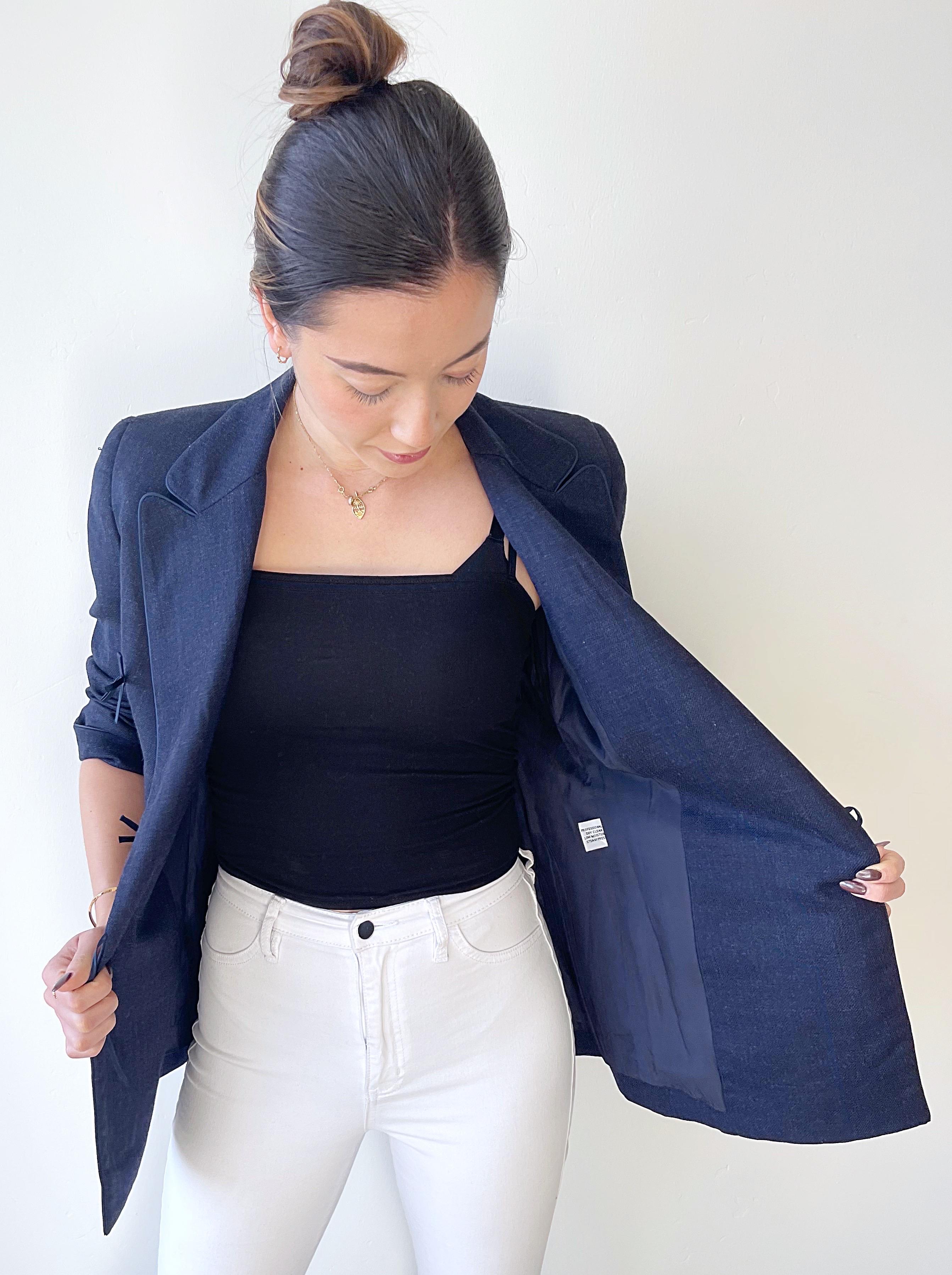 1990s Isaac Mizrahi Navy Blue Denim Like Size 6 8 Vintage 90s Wrap Blazer Jacket For Sale 14