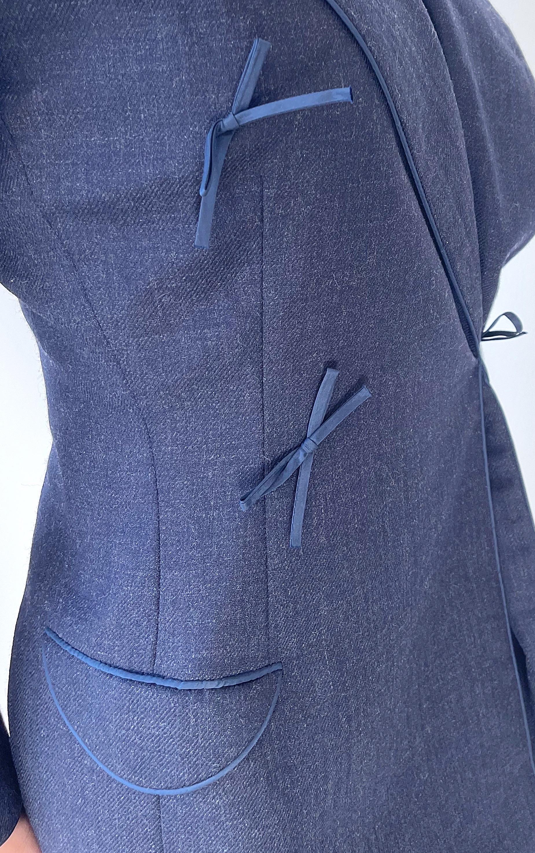 1990s Isaac Mizrahi Navy Blue Denim Like Size 6 8 Vintage 90s Wrap Blazer Jacket For Sale 1