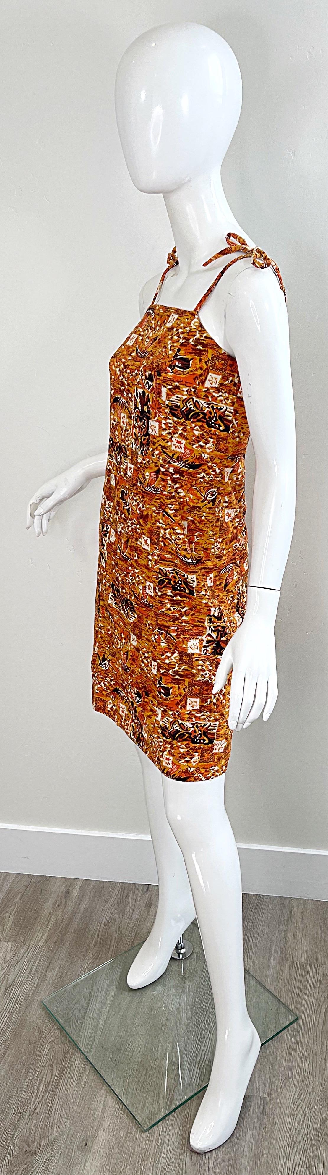 1990s Isaac Mizrahi Taglia 2 / 4 Novità Tiki Stampa Arancione Marrone Cotone 90s Dress in vendita 5