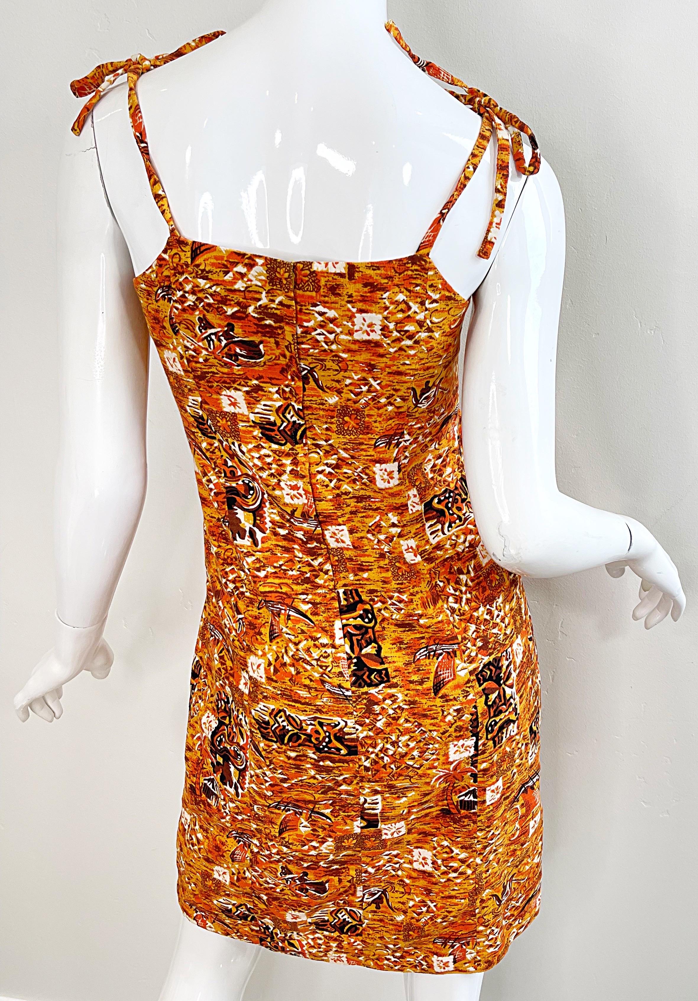 1990s Isaac Mizrahi Taglia 2 / 4 Novità Tiki Stampa Arancione Marrone Cotone 90s Dress in vendita 6