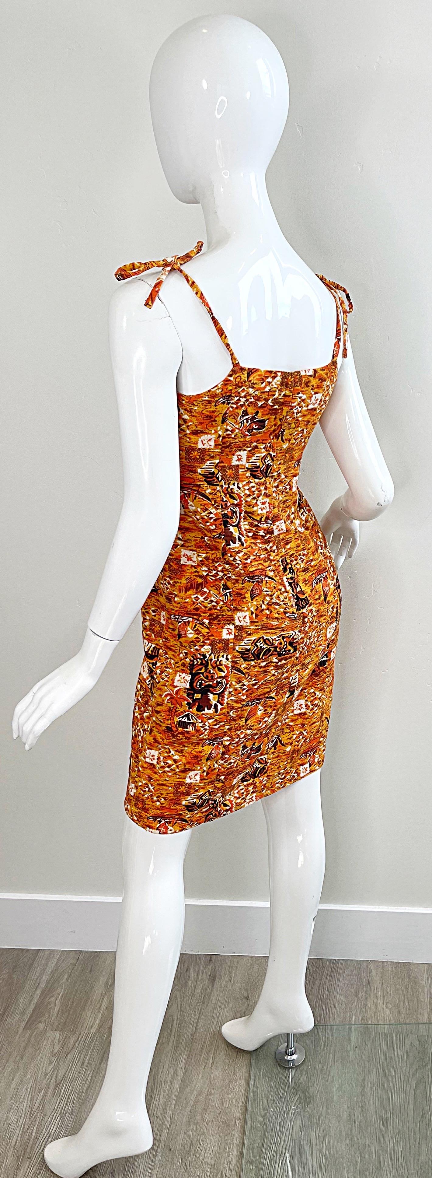 1990s Isaac Mizrahi Taglia 2 / 4 Novità Tiki Stampa Arancione Marrone Cotone 90s Dress in vendita 8