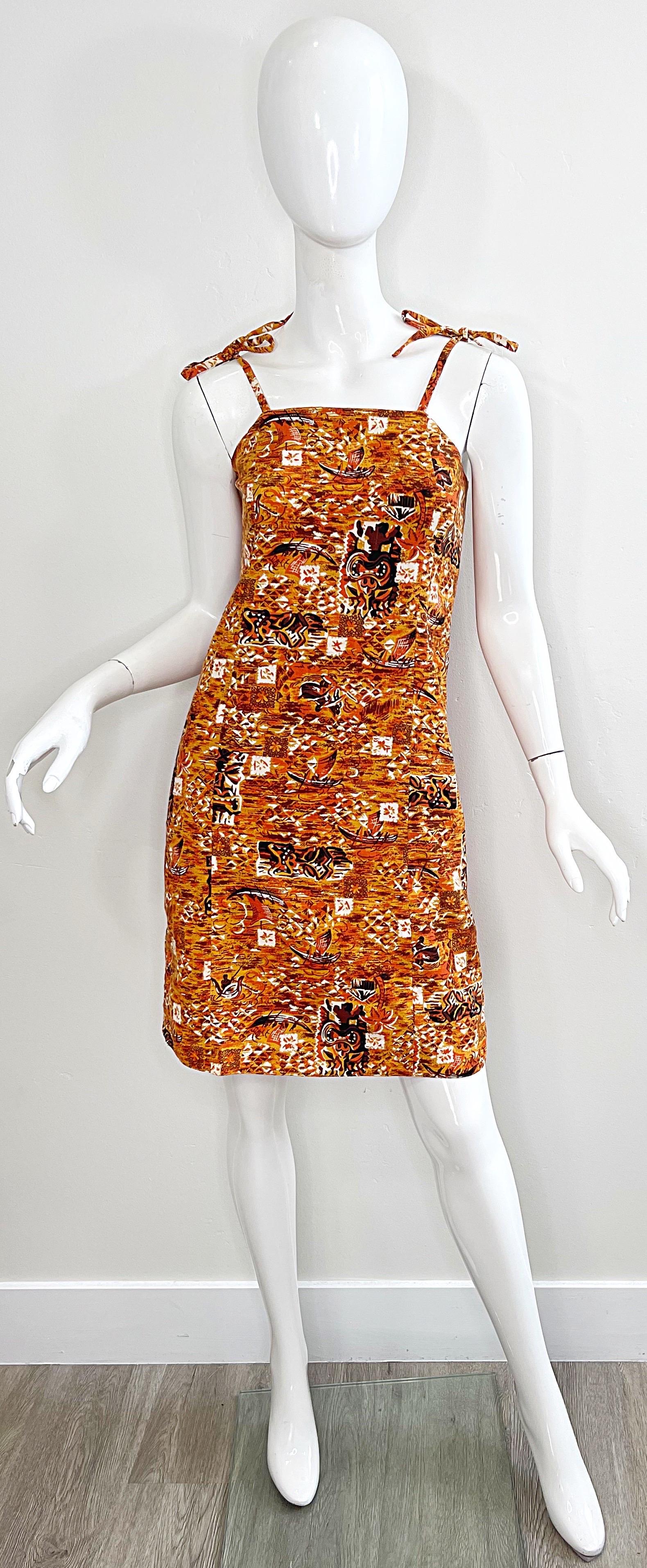 1990s Isaac Mizrahi Taglia 2 / 4 Novità Tiki Stampa Arancione Marrone Cotone 90s Dress in vendita 10