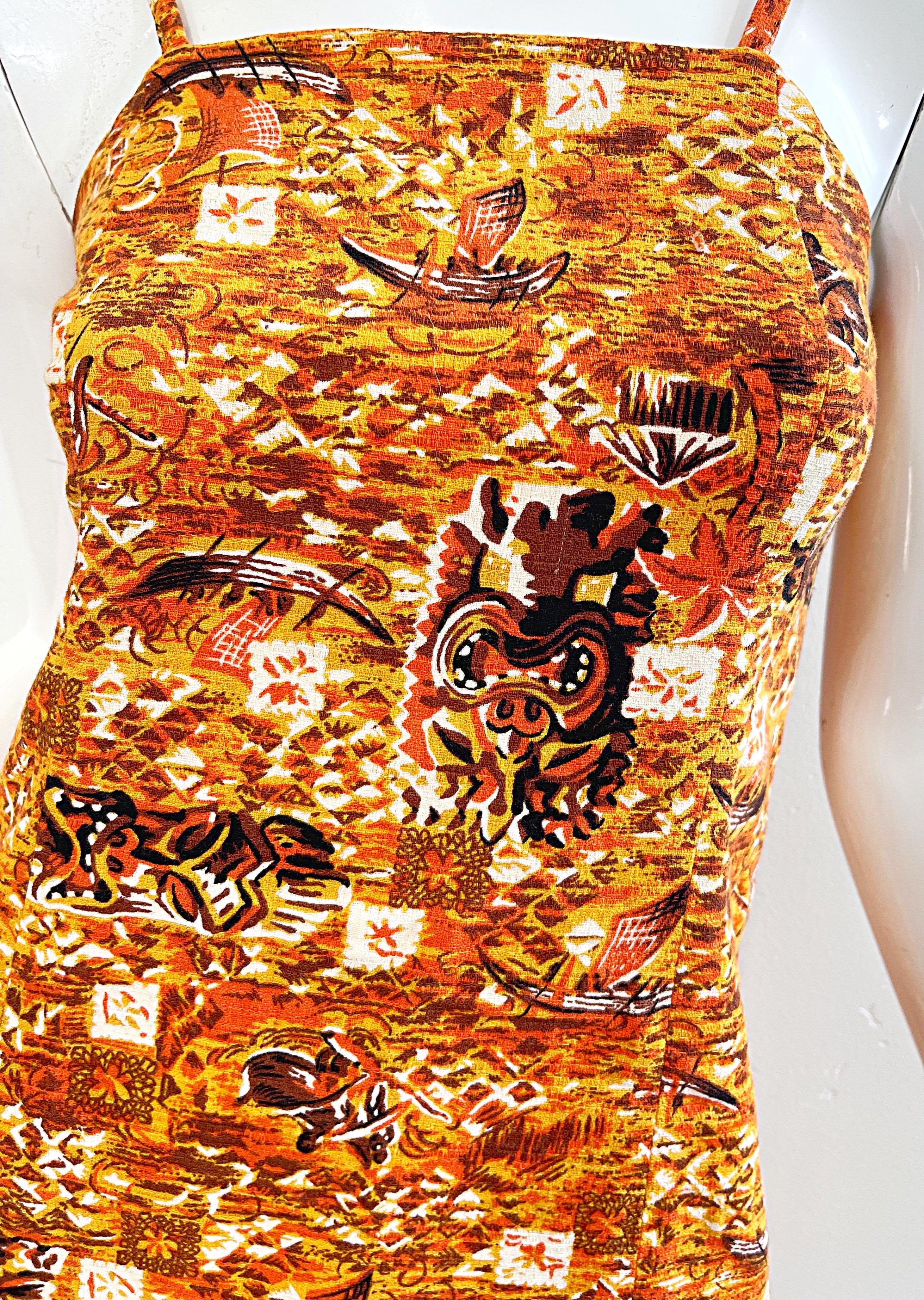 Arancia 1990s Isaac Mizrahi Taglia 2 / 4 Novità Tiki Stampa Arancione Marrone Cotone 90s Dress in vendita