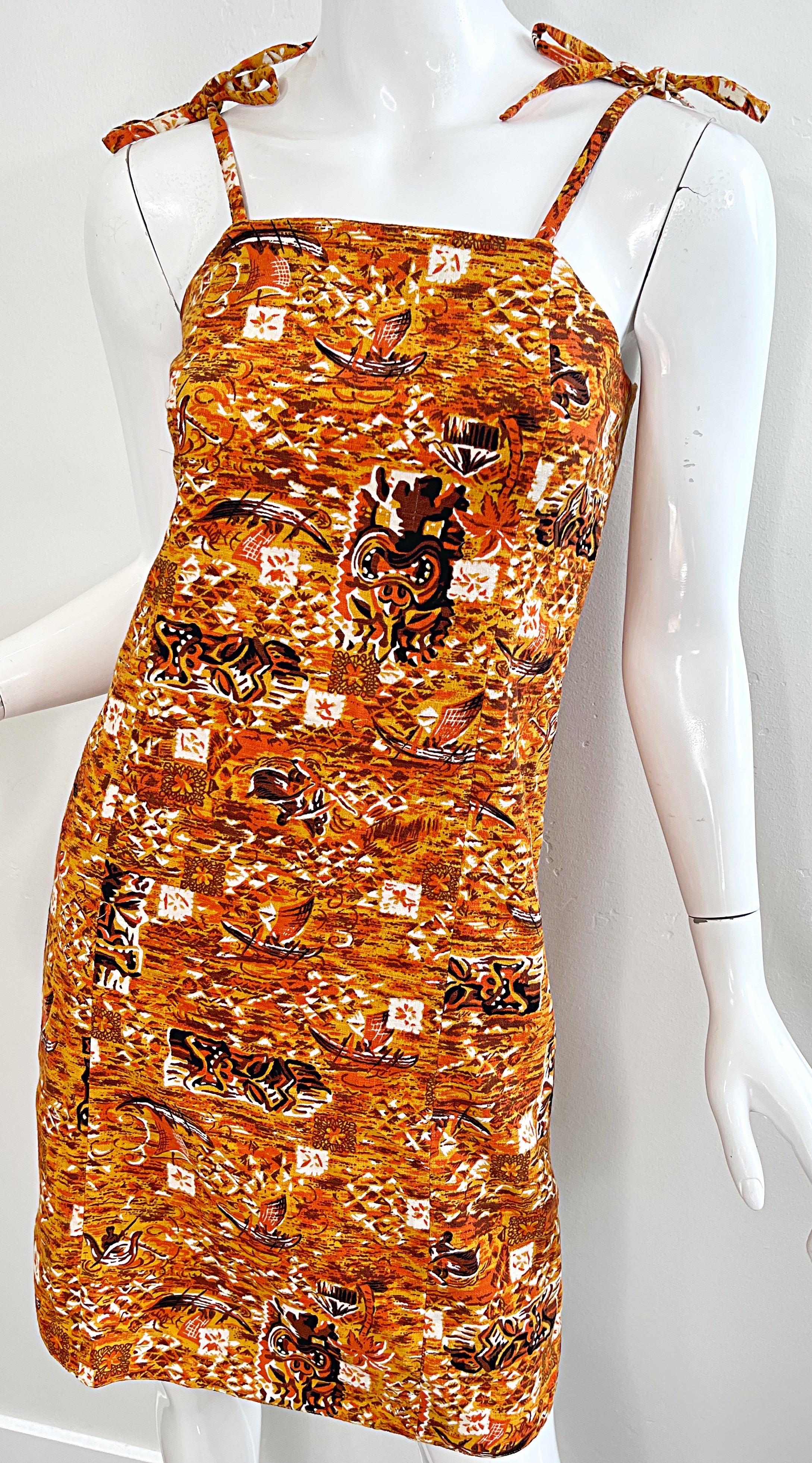 Donna 1990s Isaac Mizrahi Taglia 2 / 4 Novità Tiki Stampa Arancione Marrone Cotone 90s Dress in vendita