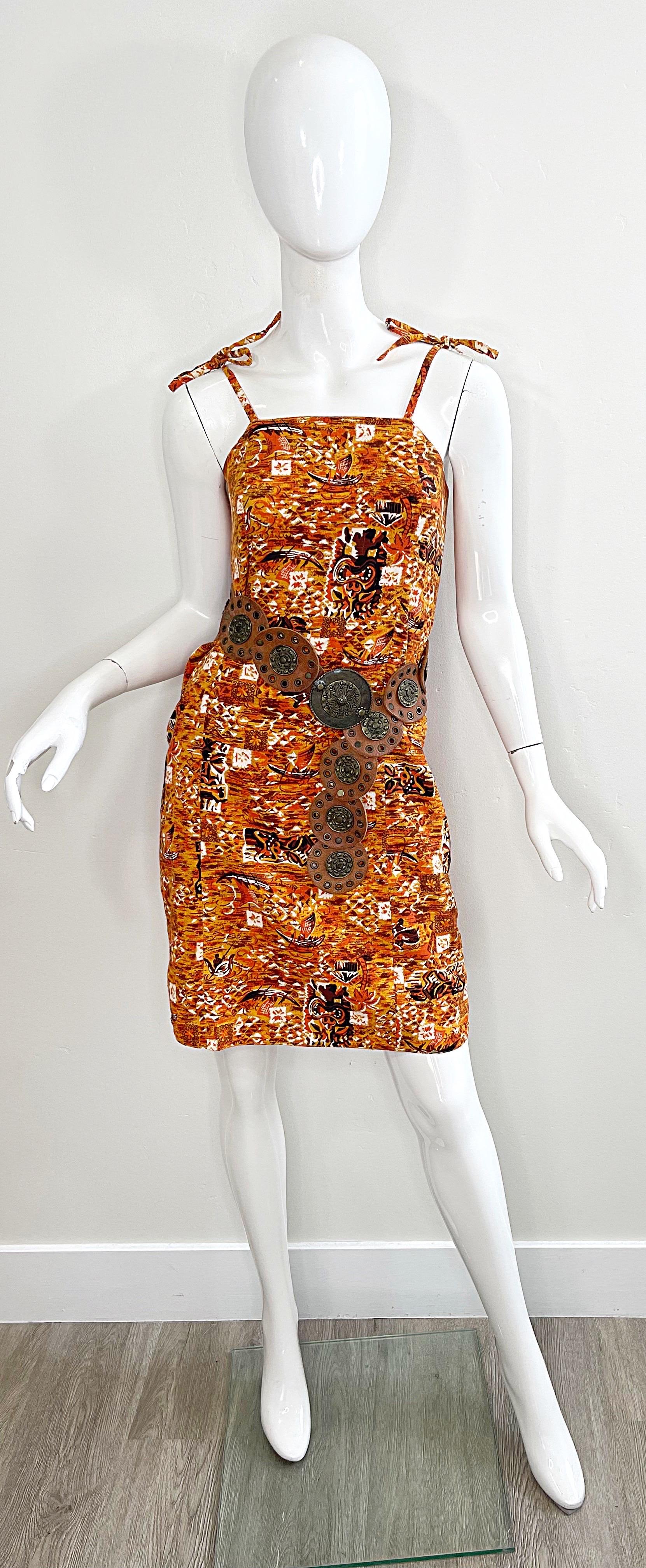 1990s Isaac Mizrahi Taglia 2 / 4 Novità Tiki Stampa Arancione Marrone Cotone 90s Dress in vendita 1