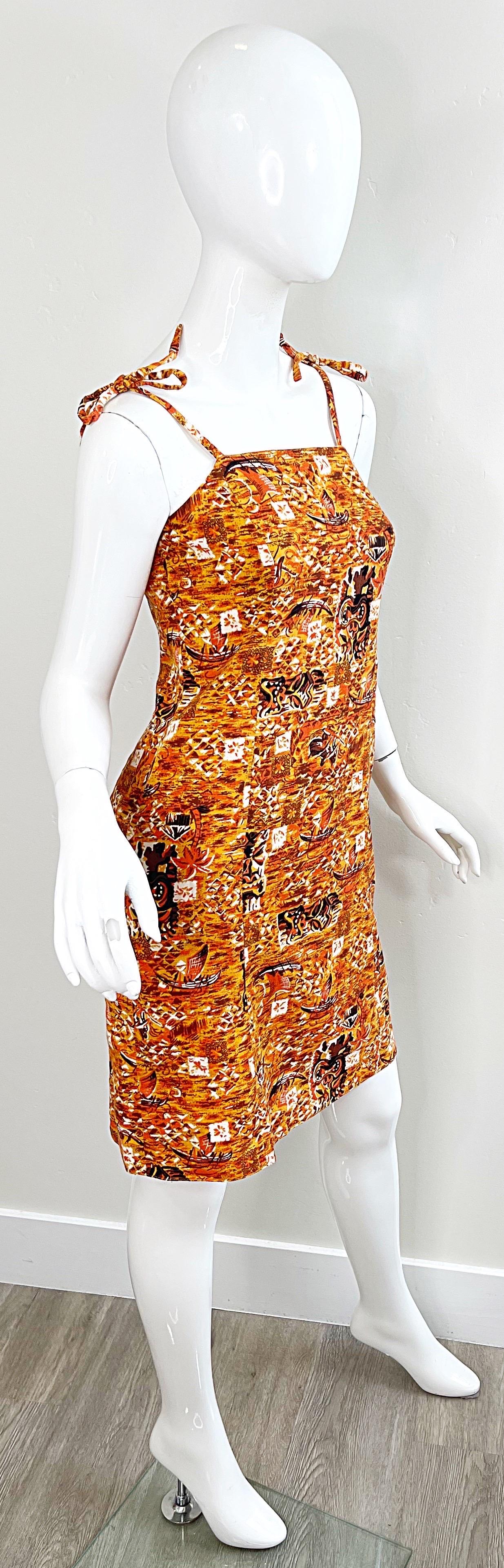 1990s Isaac Mizrahi Taglia 2 / 4 Novità Tiki Stampa Arancione Marrone Cotone 90s Dress in vendita 2