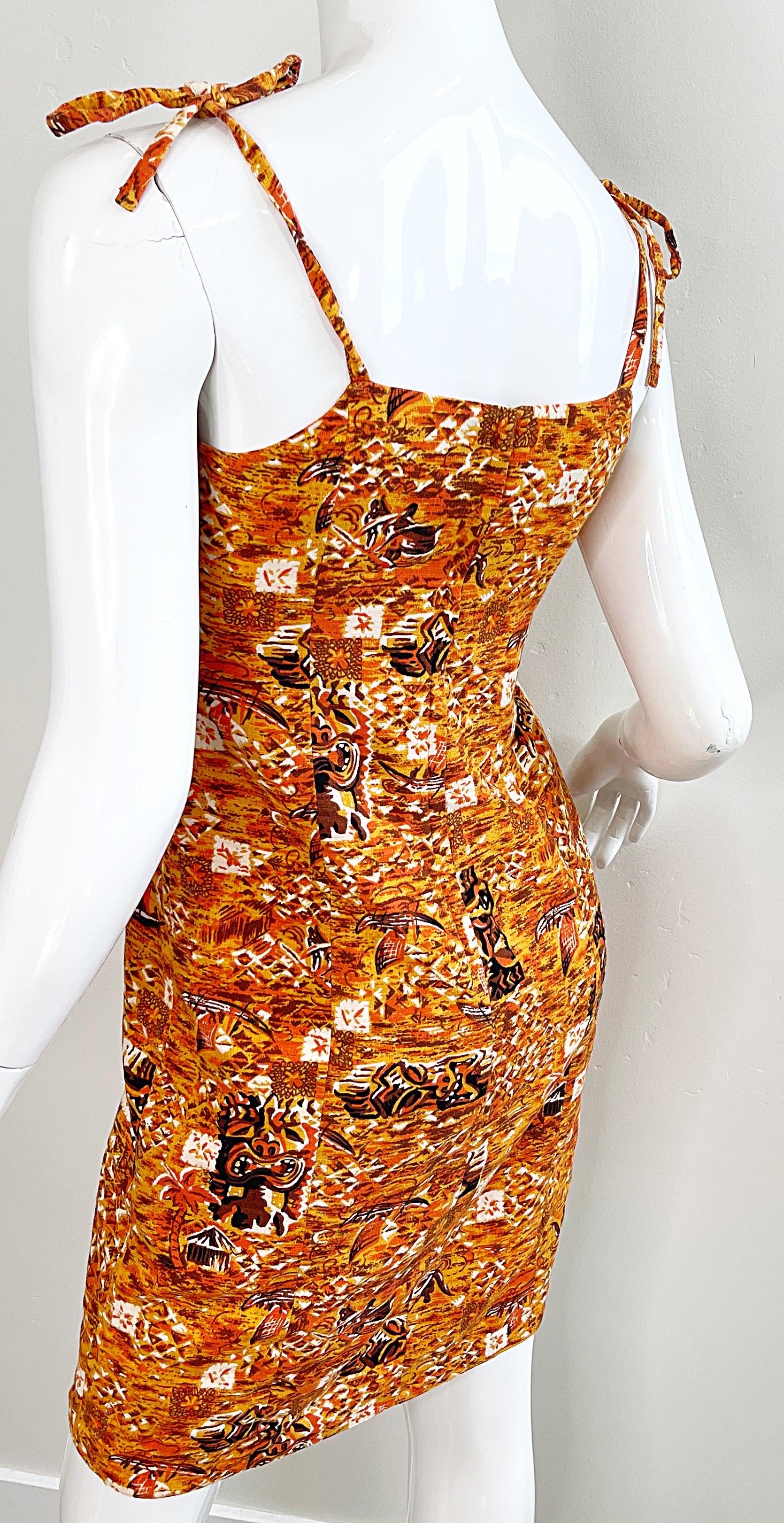 1990s Isaac Mizrahi Taglia 2 / 4 Novità Tiki Stampa Arancione Marrone Cotone 90s Dress in vendita 3
