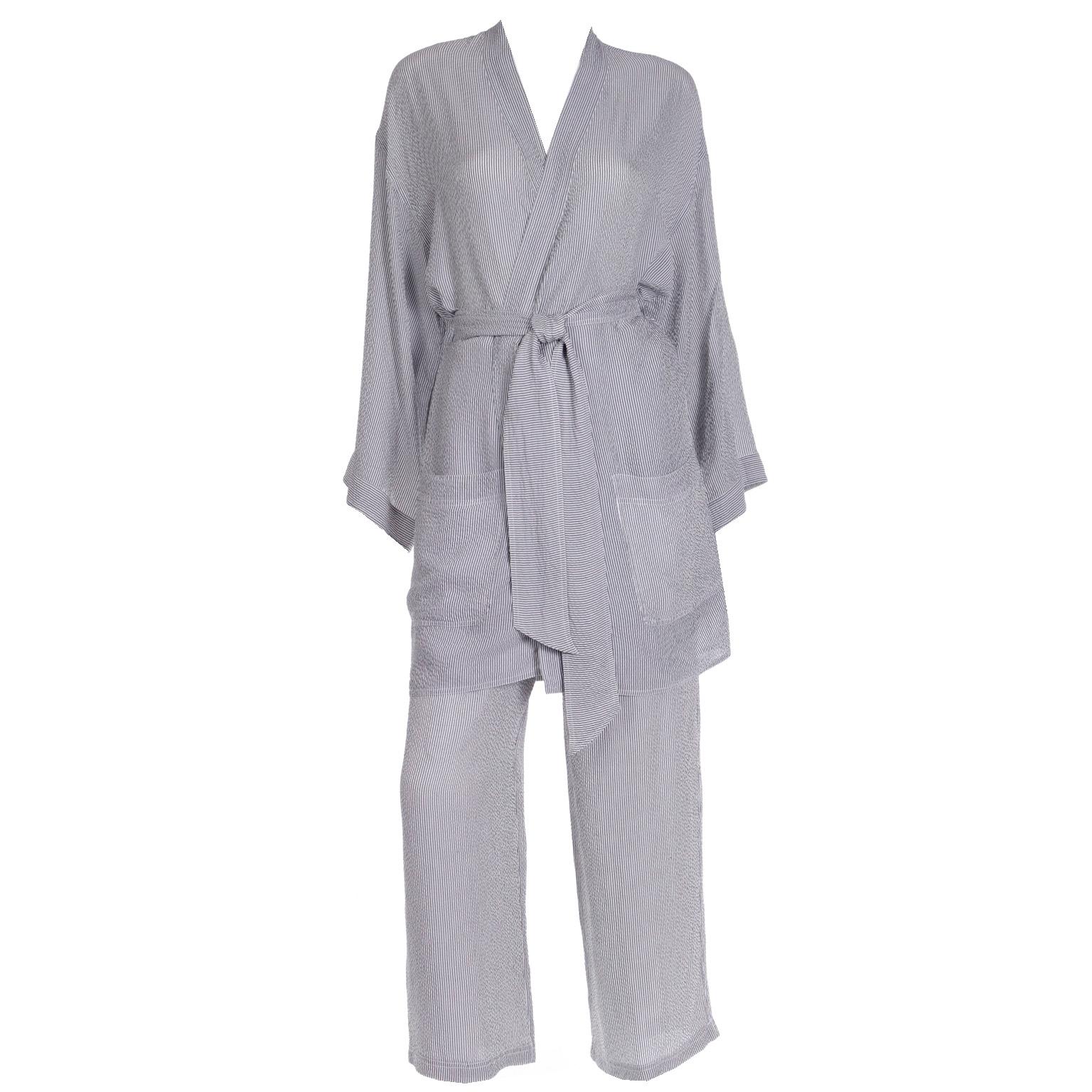 1990s Isaac Mizrahi Striped Silk Daywear Pajama Set Streetwear With Belt For Sale at 1stDibs