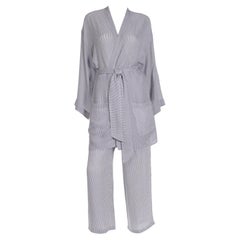 Vintage 1990s Isaac Mizrahi Striped Silk Daywear Pajama Set Streetwear With Belt