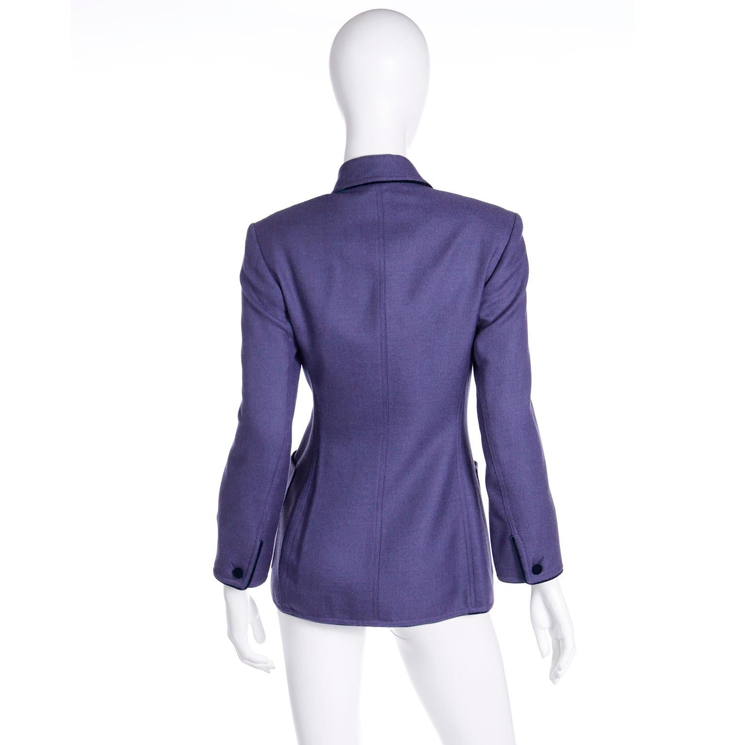 Women's 1990s Isaac Mizrahi Vintage Purple Blazer Jacket w Velvet Trim & Tie at Waist For Sale