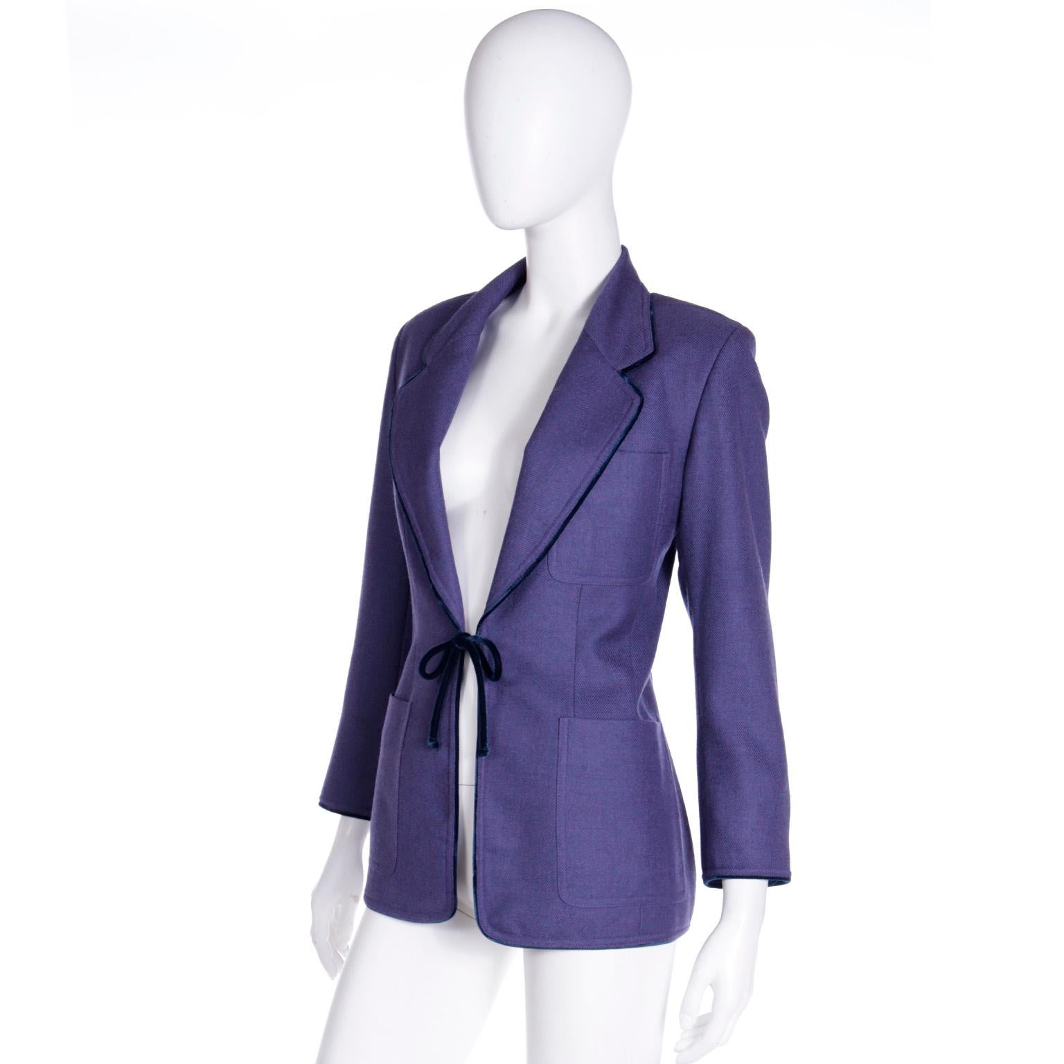 1990s Isaac Mizrahi Vintage Purple Blazer Jacket w Velvet Trim & Tie at Waist For Sale 1