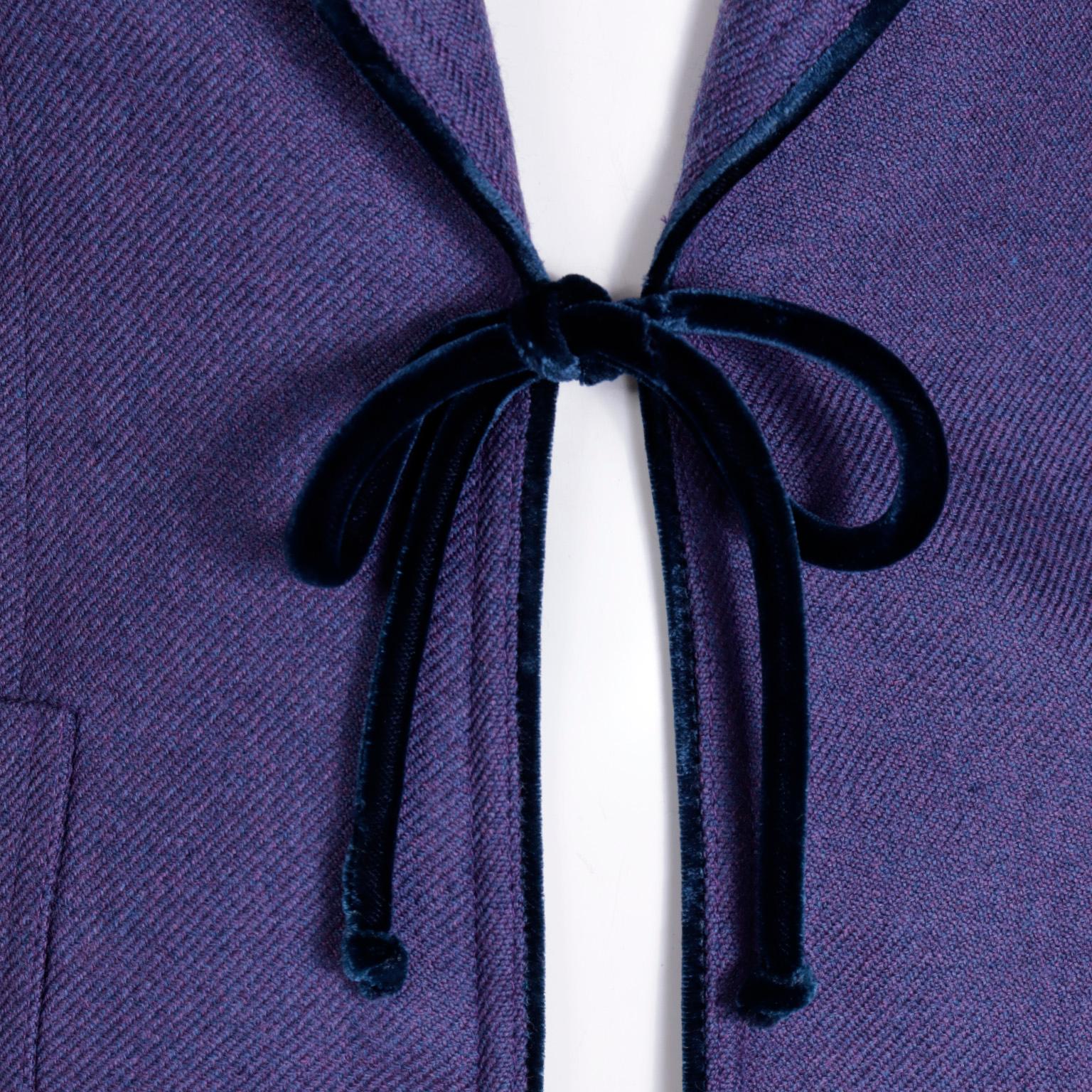 1990s Isaac Mizrahi Vintage Purple Blazer Jacket w Velvet Trim & Tie at Waist For Sale 2
