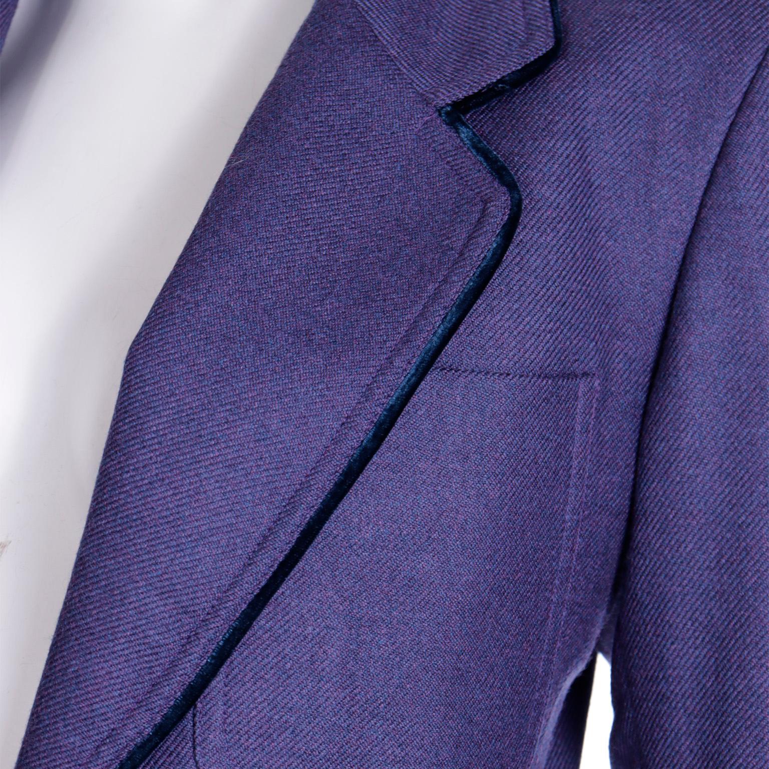 1990s Isaac Mizrahi Vintage Purple Blazer Jacket w Velvet Trim & Tie at Waist For Sale 3