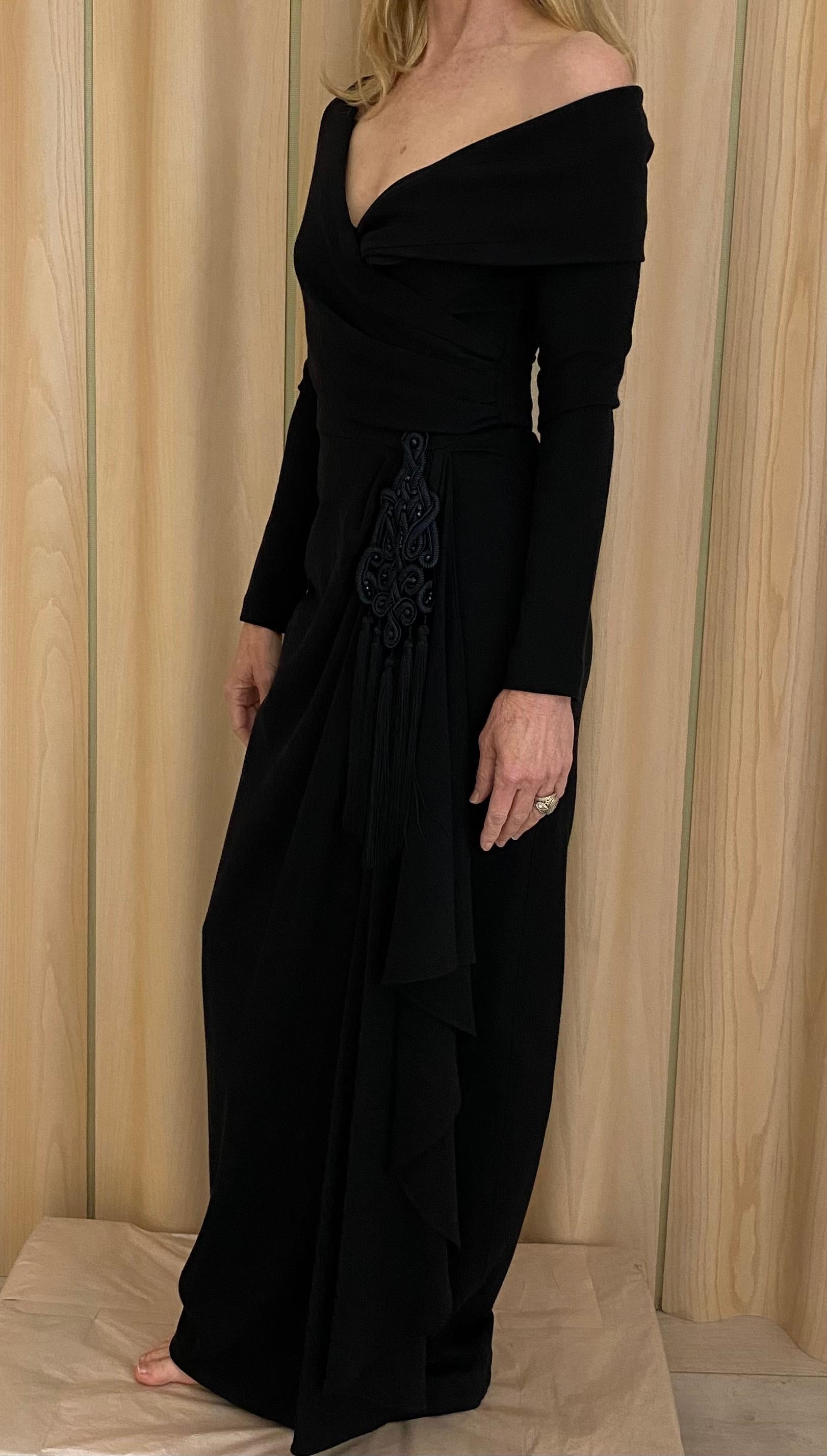 1990s Isabelle Allard  Black Knit Jersey Off Shoulder Long Sleeve Gown For Sale 3