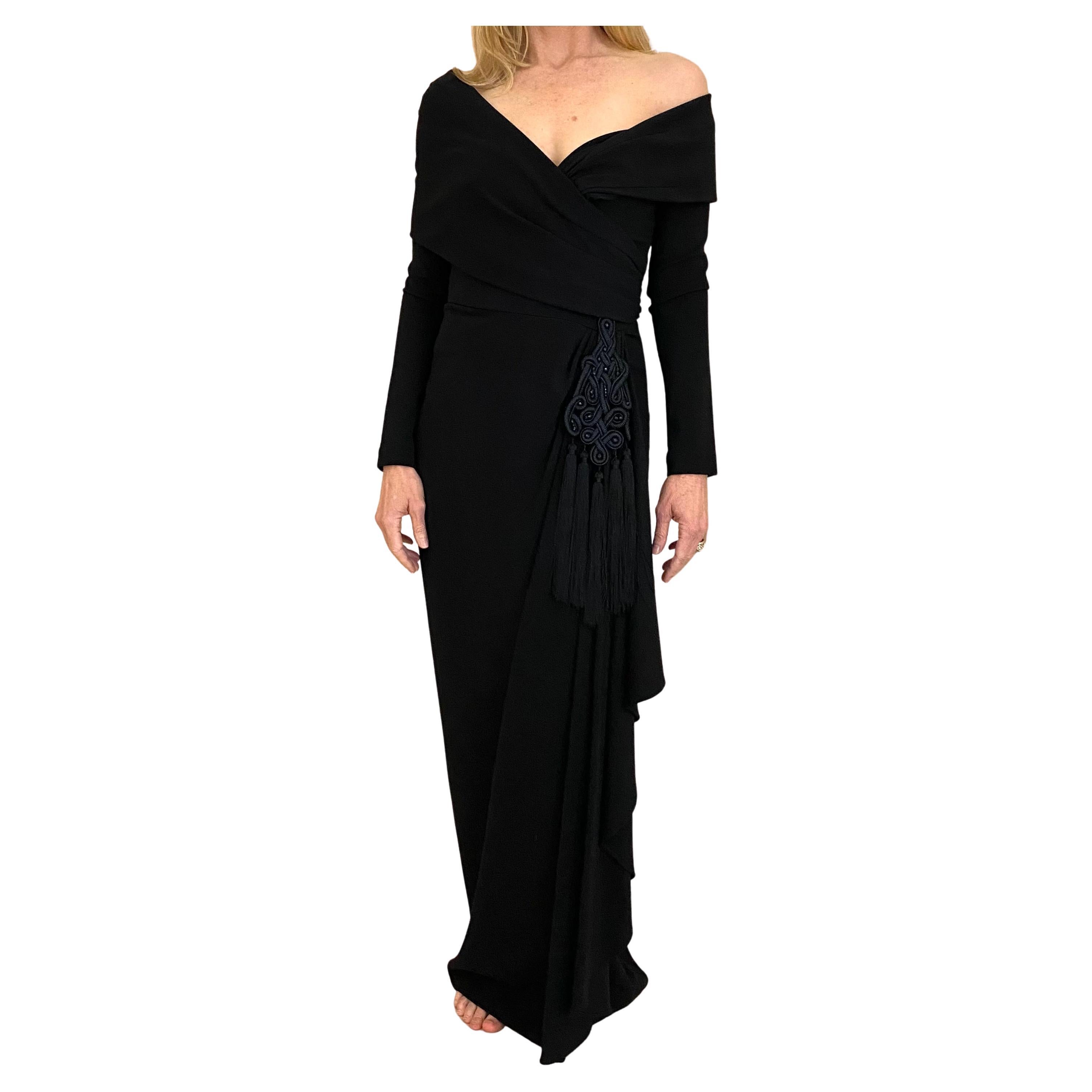 1990s Isabelle Allard  Black Knit Jersey Off Shoulder Long Sleeve Gown For Sale