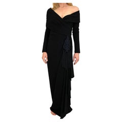 Vintage 1990s Isabelle Allard  Black Knit Jersey Off Shoulder Long Sleeve Gown