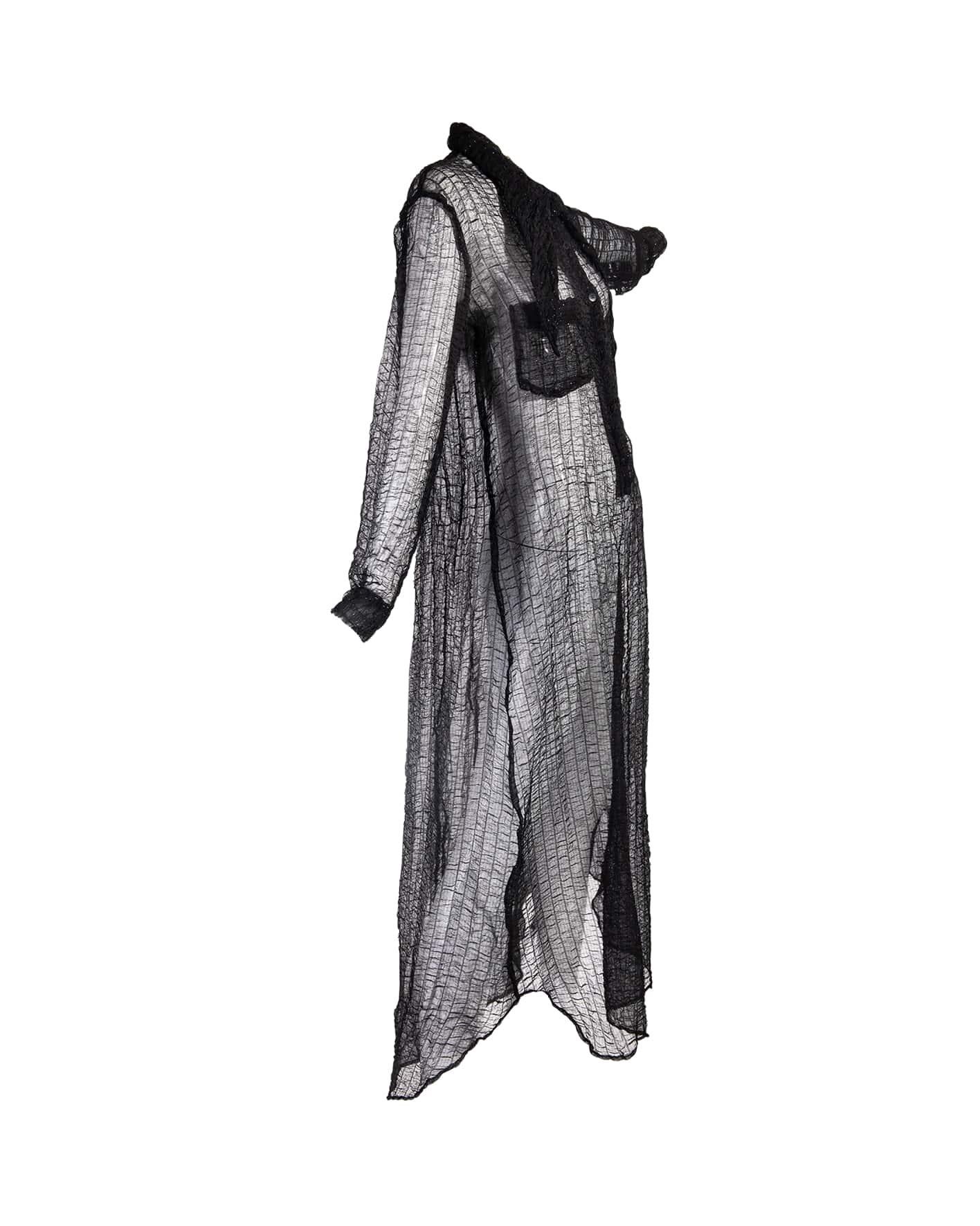 1990's Issey Miyake black semi-sheer metallic dress with long, oversized pointed collar. Button-up dress with ruched crinkle pleat fabric throughout. 
