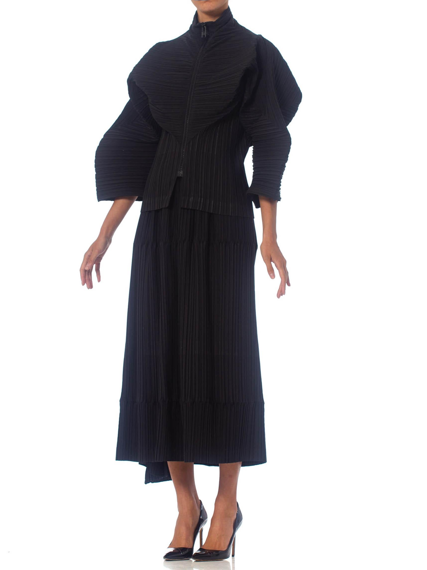 1990S ISSEY MIYAKE Black Pleated Poly Blend Jacket & Skirt Ensemble For Sale 3