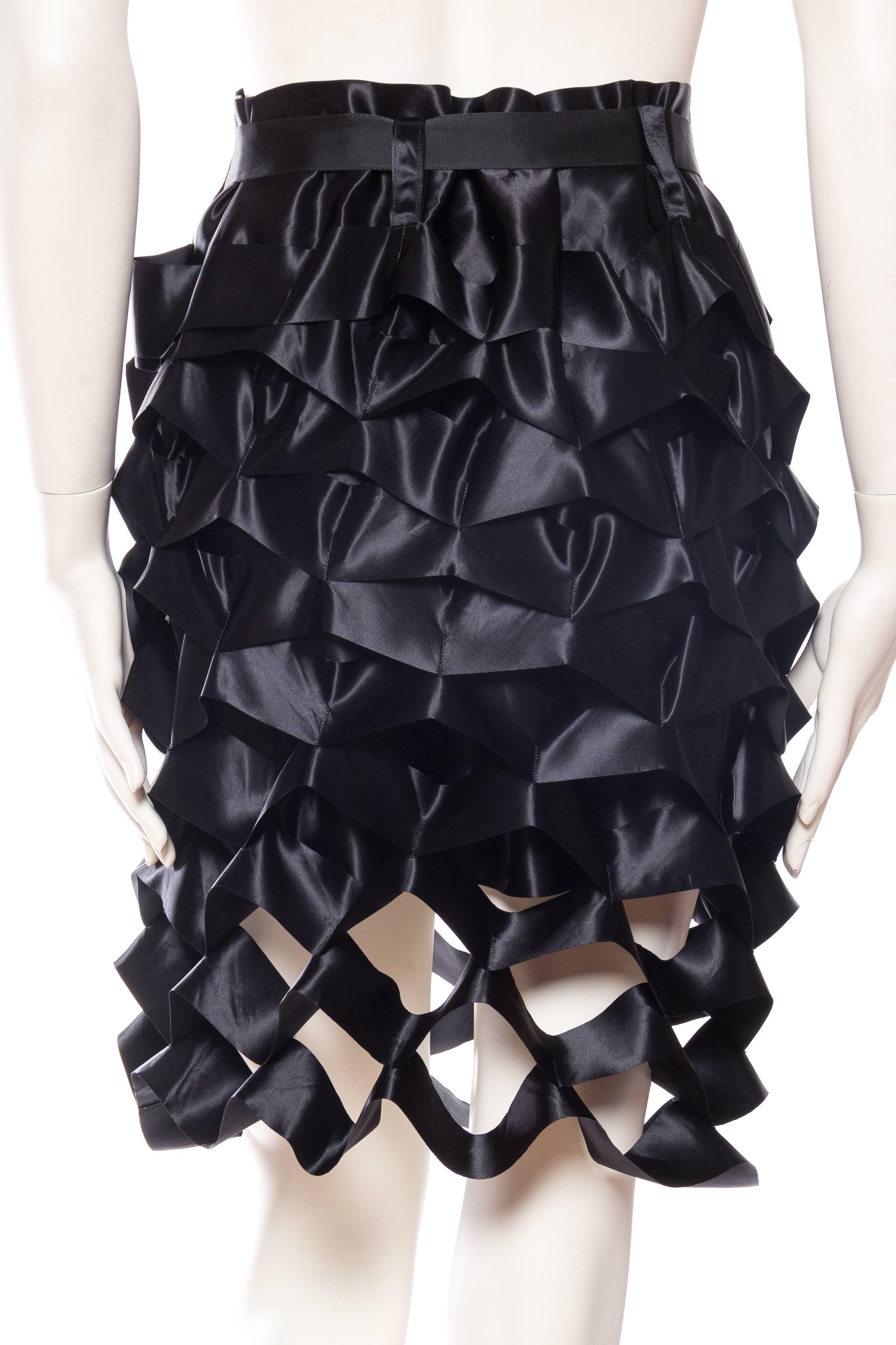 1990S ISSEY MIYAKE Black Polyester Satin  Avant Garde Ribbon Accordian Skirt For Sale 1