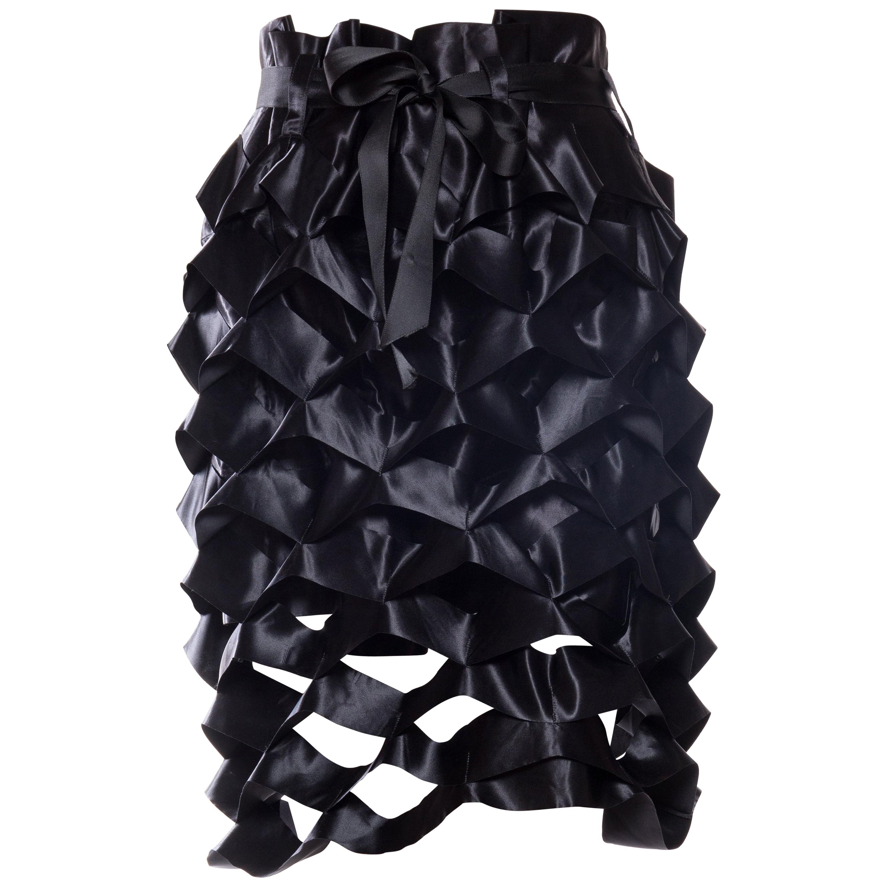 1990S ISSEY MIYAKE Black Polyester Satin  Avant Garde Ribbon Accordian Skirt For Sale