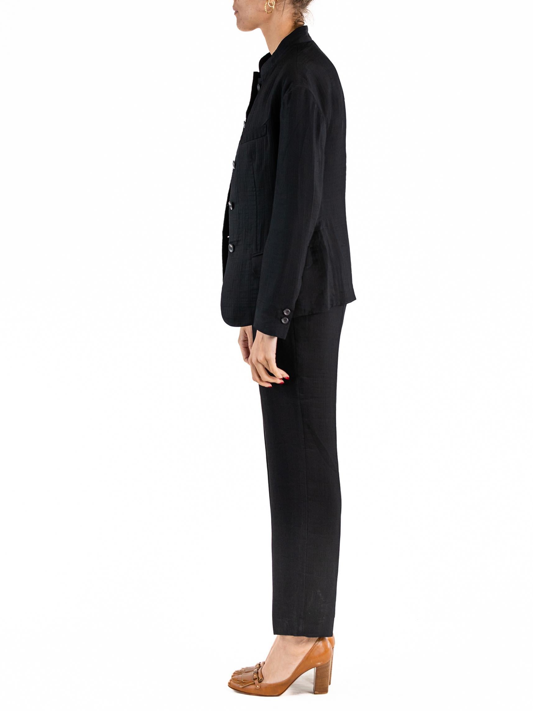 1990S ISSEY MIYAKE Black Rayon Blend Lightweight Pucker Double-Weave Pant Suit In Excellent Condition For Sale In New York, NY
